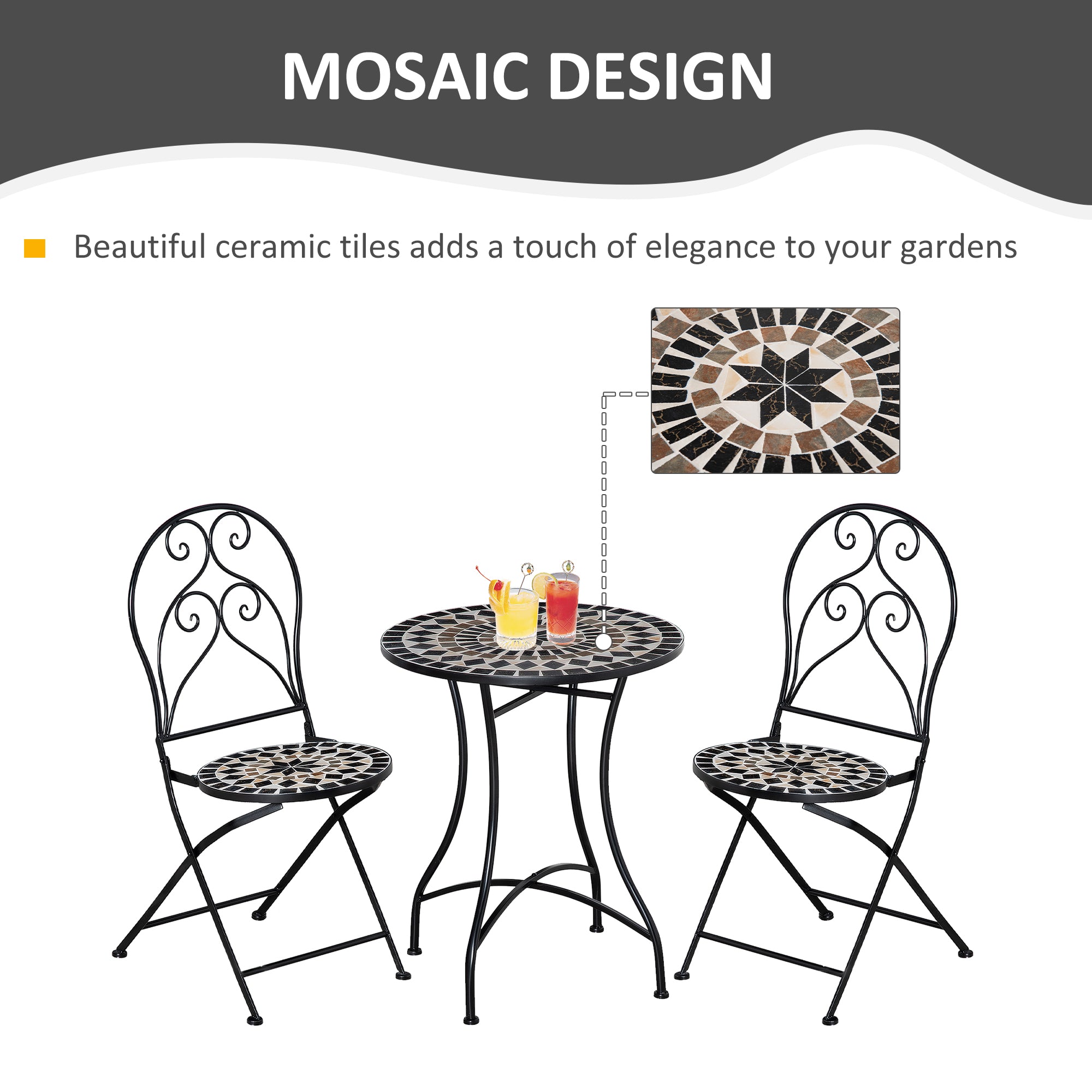 Kozy 3 Pieces Garden Bistro Set with Coffee Table and 2 Folding Single Chairs, Mosaic Garden Table Top and Seats, Metal Frame, for Patio Balcony, Black