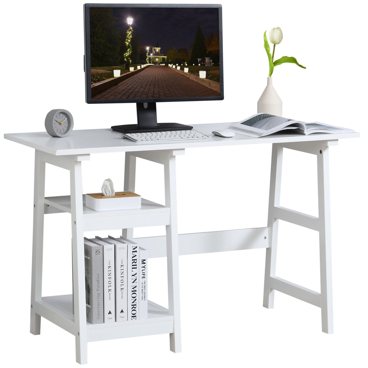 Kozy Compact Computer Desk with Storage Shelves, Study Table with Bookshelf, PC Table Workstation for Home Office, Study, Easy Assembly, 120 x 51cm, White
