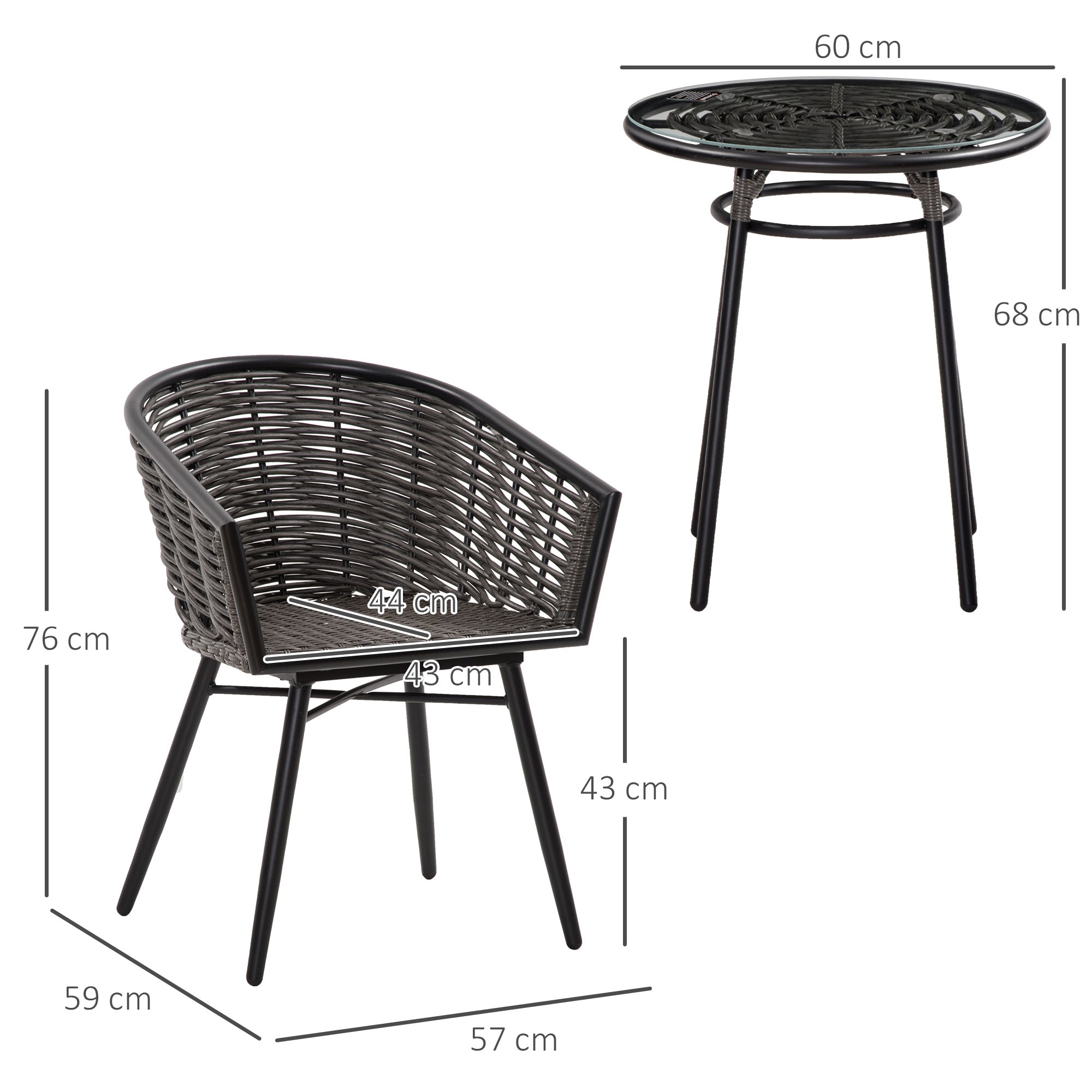 Kozy 3 Pieces Rattan Bistro Set, Wicker Garden Furniture Set with Round Glass Top Coffee Table and Chairs, Washable Cushions for Outdoor, Patio, Balcony, Grey