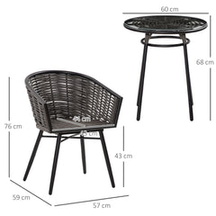 Kozy 3 Pieces Rattan Bistro Set, Wicker Garden Furniture Set with Round Glass Top Coffee Table and Chairs, Washable Cushions for Outdoor, Patio, Balcony, Grey