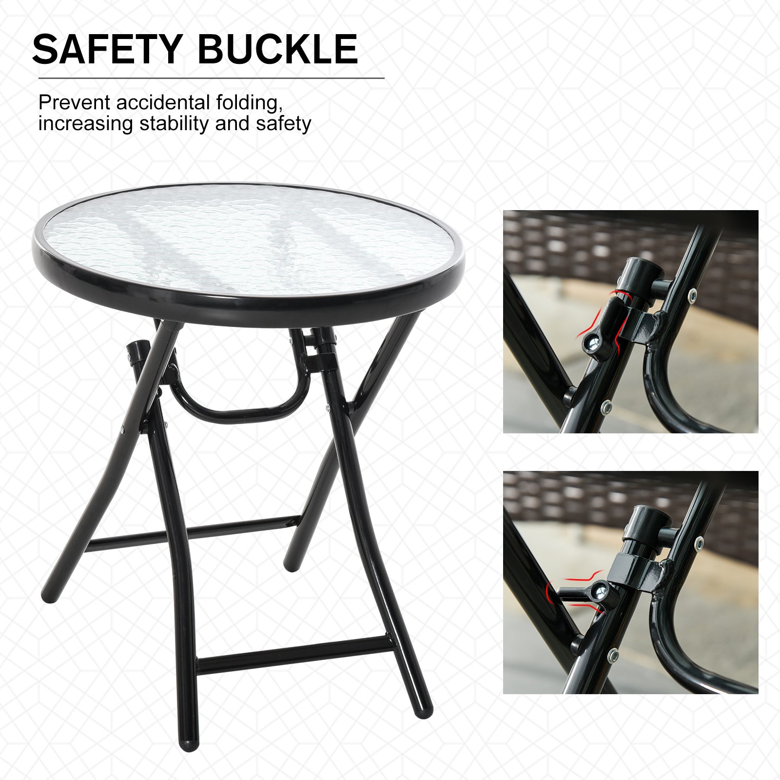 Kozy Foldable Garden Table, Round Folding Table with Glass Tabletop and Safety Buckle for Patio, Garden, Outdoor, Indoor, Black