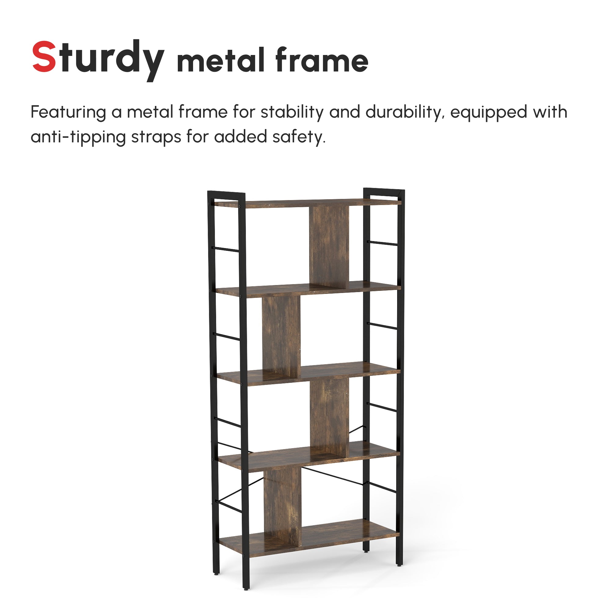 Kozy Industrial Storage Unit, 5 Tiers Bookcase with Open Compartments for Office Living Room, Bedroom, Rustic Brown and Black