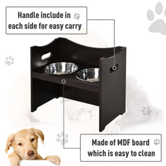 PawHut Elevated Duo Pet Feeder w/ 2 Stainless Steel Bowls MDF Frame Adjustable Shelf Handles Raised Dog Cat Food Drink 47x54cm Brown