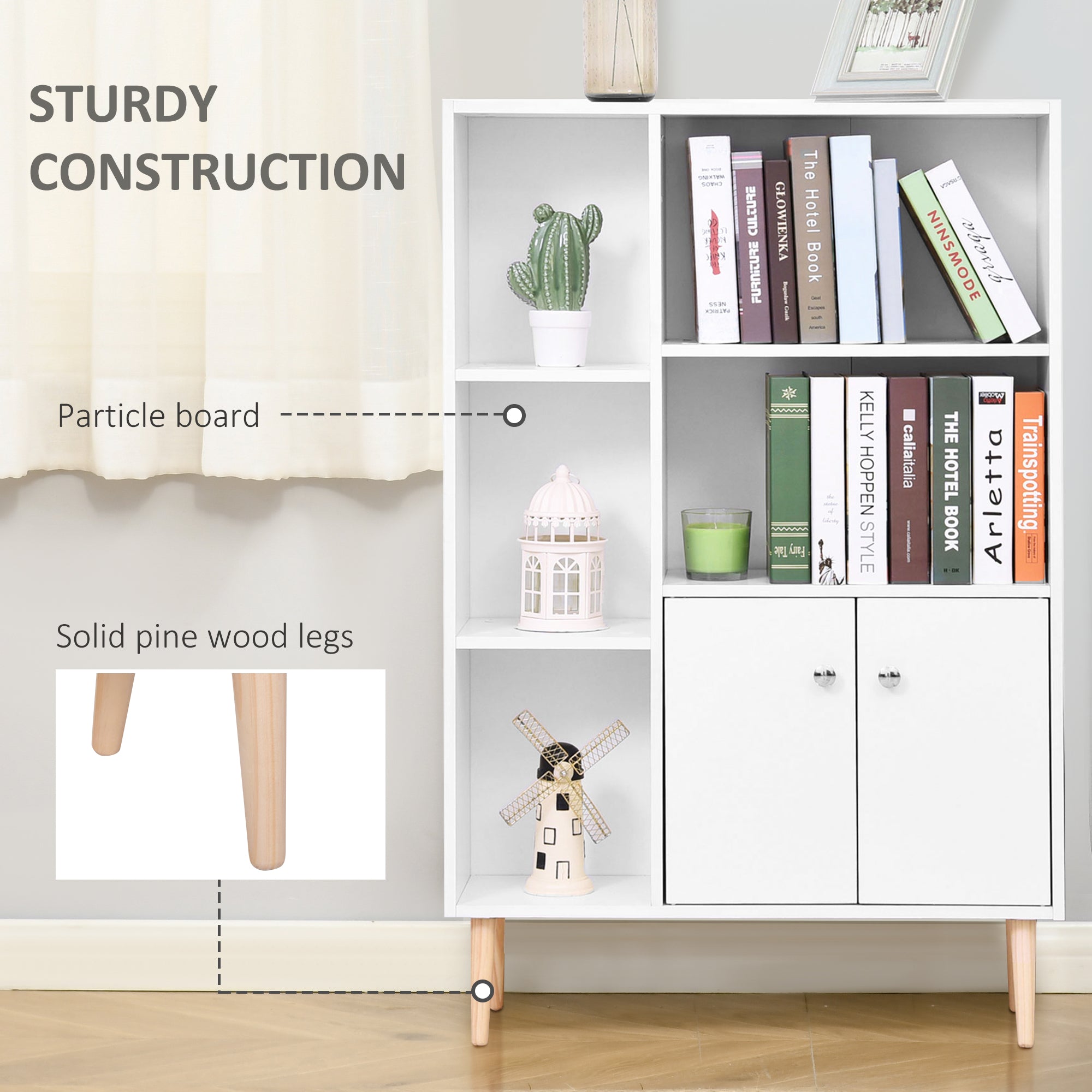Kozy Sideboard Storage Cabinet Cupboard, Open Bookcase with 2 Doors 5 Compartments Wooden Modern Style for Living Room Bedroom Kitchen 80 x 23 x 123 cm, White