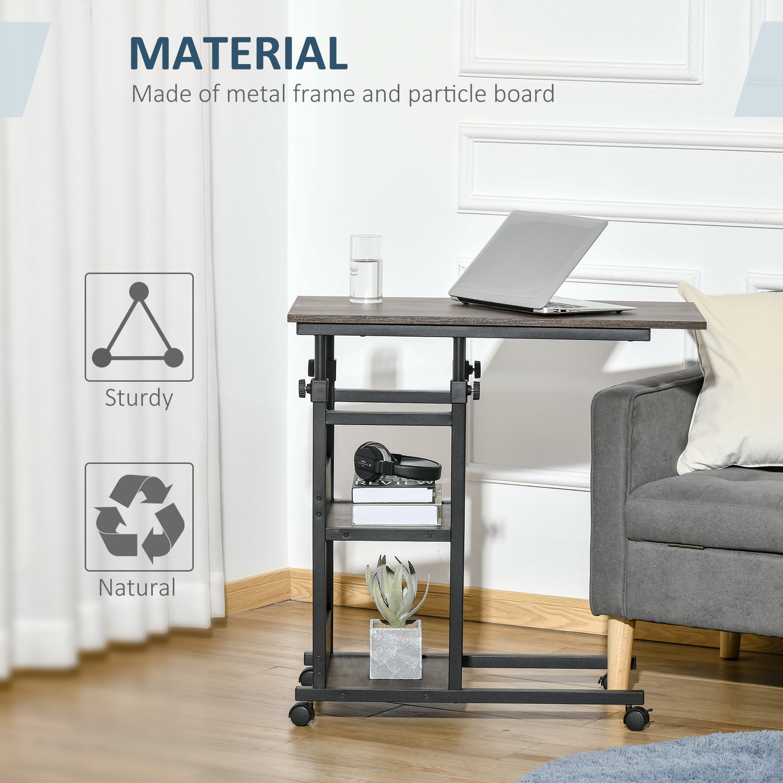 Kozy C-Shaped Side Table Industrial Mobile Rolling End Desk with 3-Tier Storage Shelving, Adjustable Height, Wheels