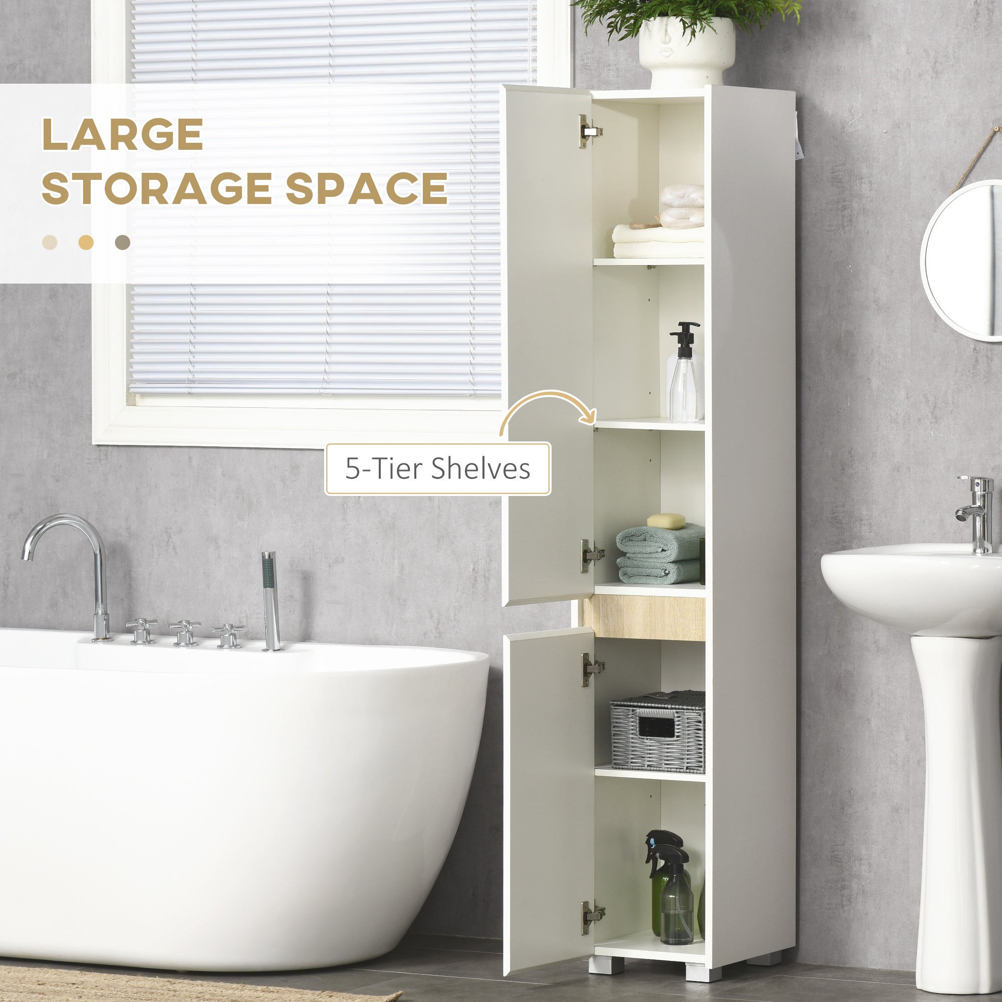 Kozy Tall Bathroom Cabinet with Adjustable Shelves, 5-Tier Modern Freestanding Tallboy with Storage Cabinets, White