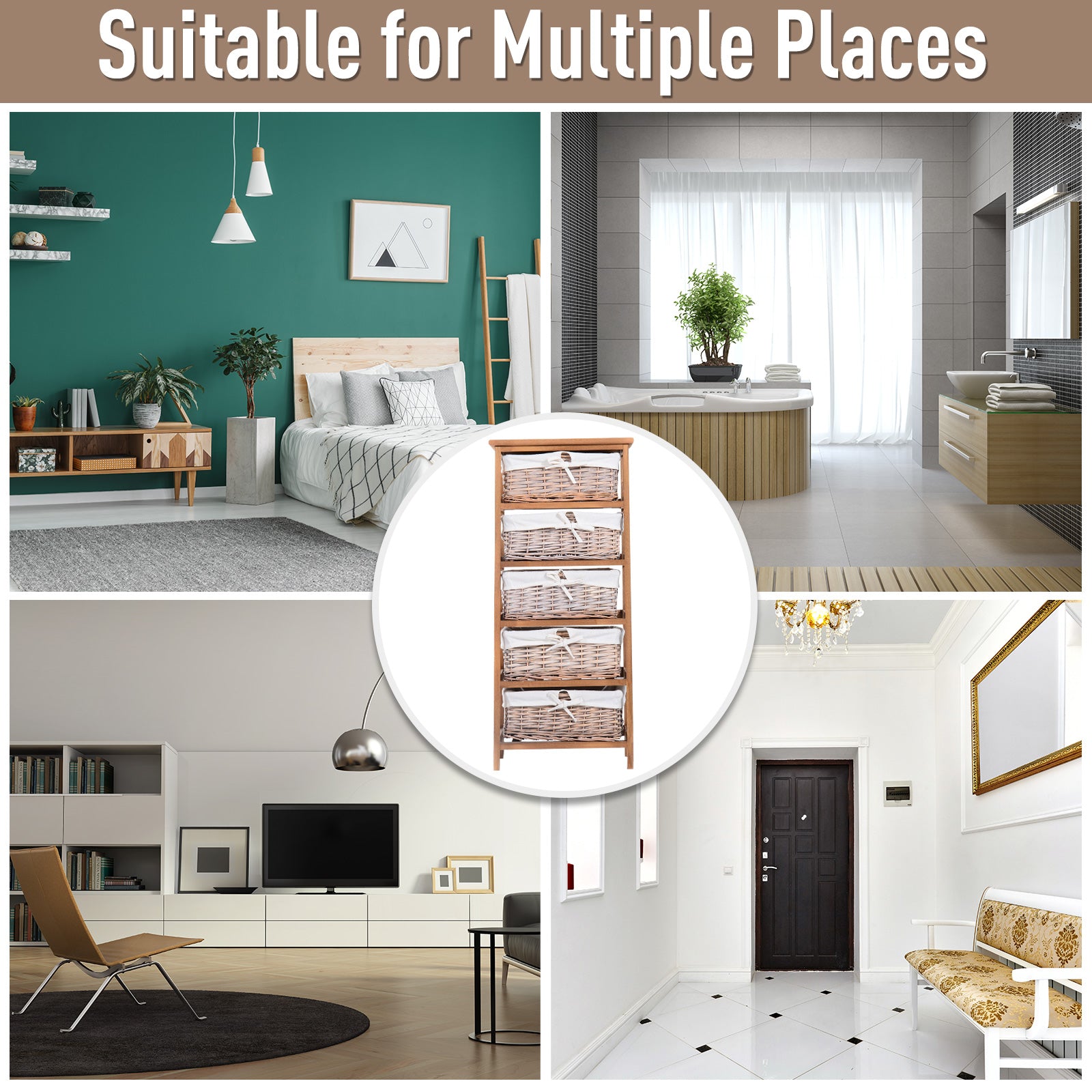 Kozy 5 Drawer Dresser Wicker Basket Storage Shelf Unit Wooden Frame Home Organisation Cabinet Bedroom Office Furniture Natural Finish