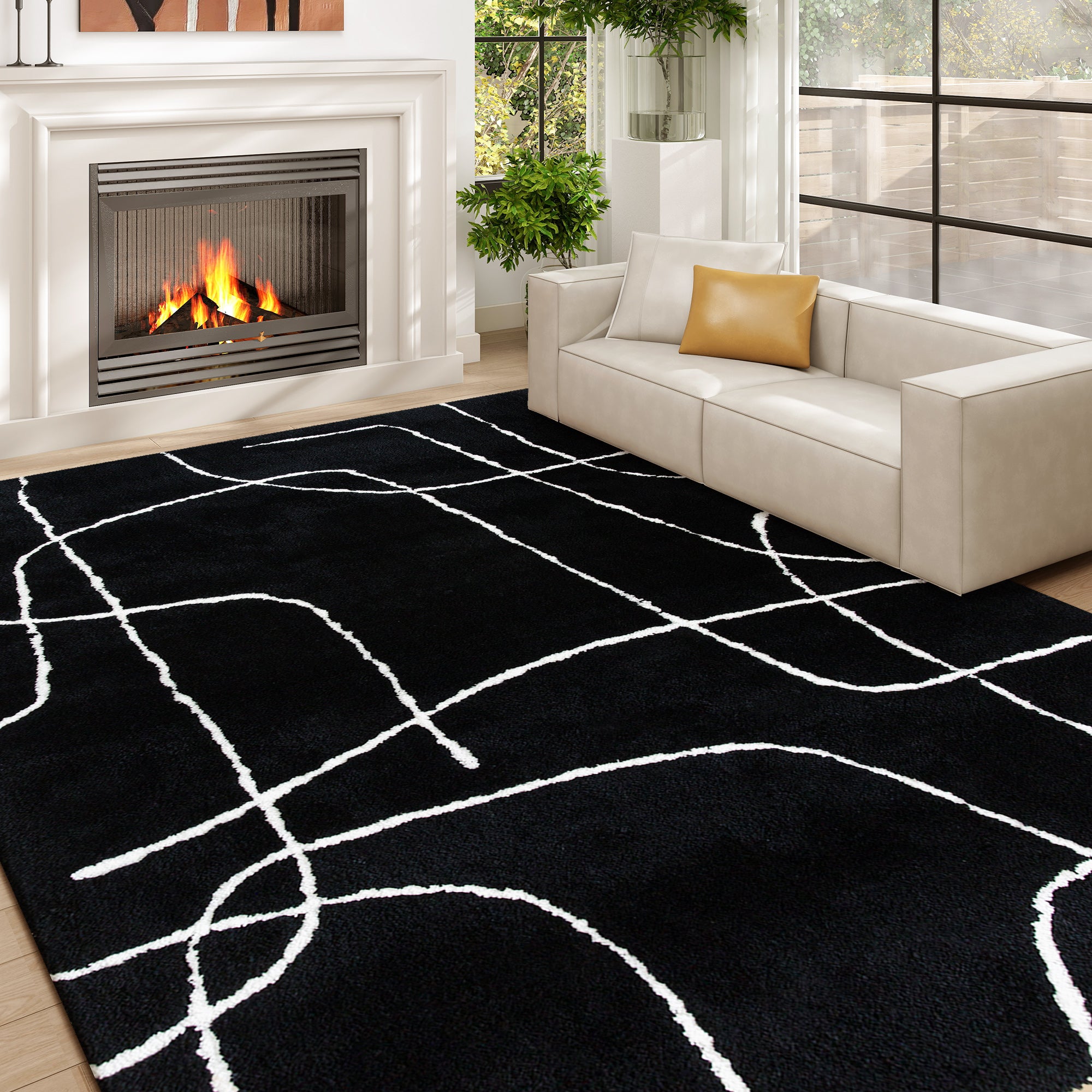 Kozy - Modern Fluffy Area Rug, Geometric Pattern Washable Rug, Soft High Pile Floor Carpet for Living Room, Bedroom, Dining Room, Home Office, 170 x 120 cm, Black
