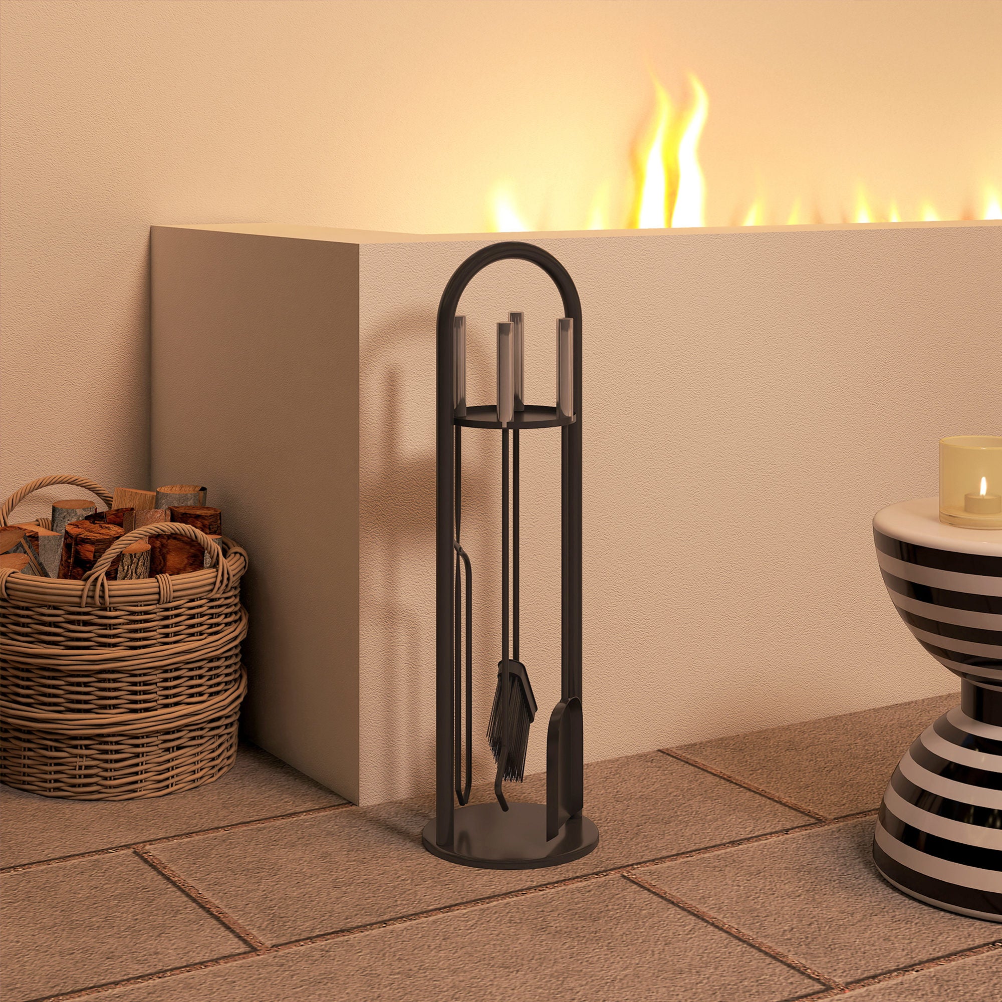 Kozy - 5 Pieces Fireplace Tools Set, Metal Fireplace Accessories Fireside Companion Set with Broom, Shovel, Poker and Bucket, Silver