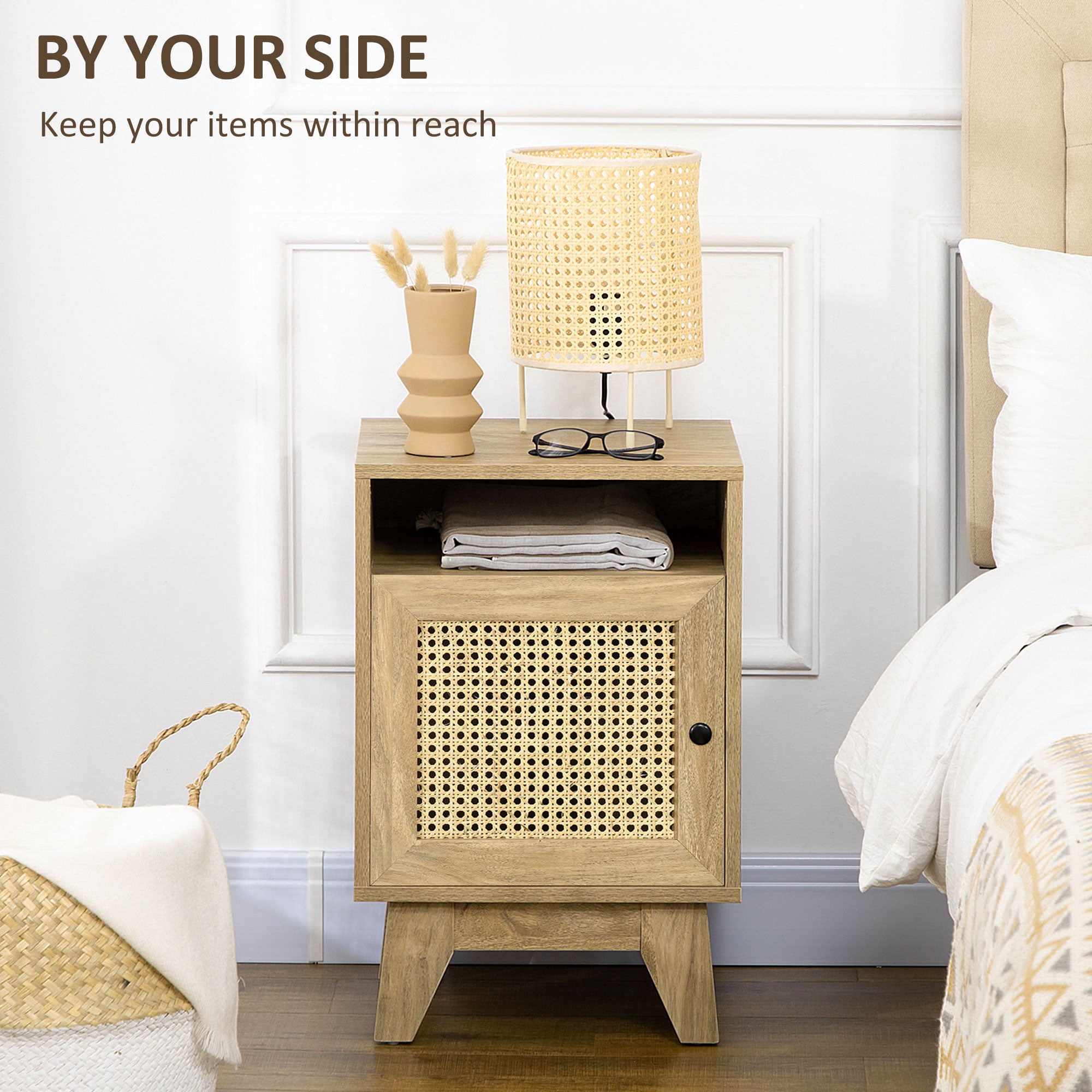 Kozy Narrow Rattan Nightstand, Side End Table with Shelf and Cupboard, 39cm x 35cm x 60cm, Natural