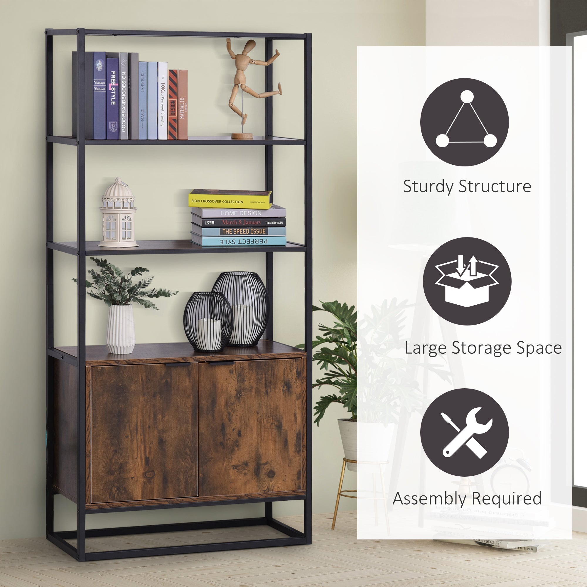 Kozy Industrial Bookshelf, Storage Shelf, Large Bookcase with 3 Open Shelves, Multifunctional Rack for Living Room, Office, Rustic Brown and Black