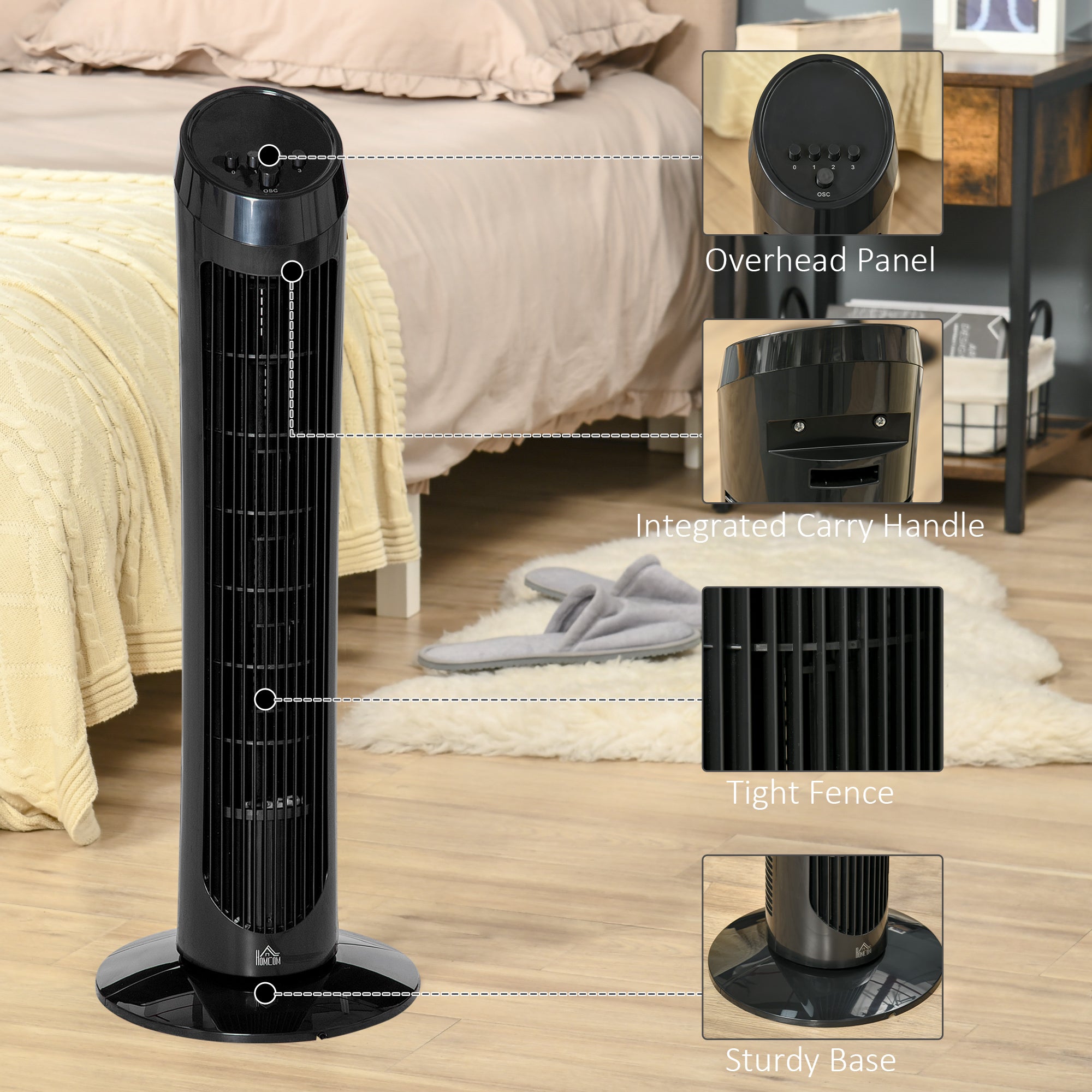 HOMCOM 30" Oscillating Tower Fan with 3 Speed Modes, Ultra Slim Design for Indoor Cooling, Noise Reduction Technology, Black