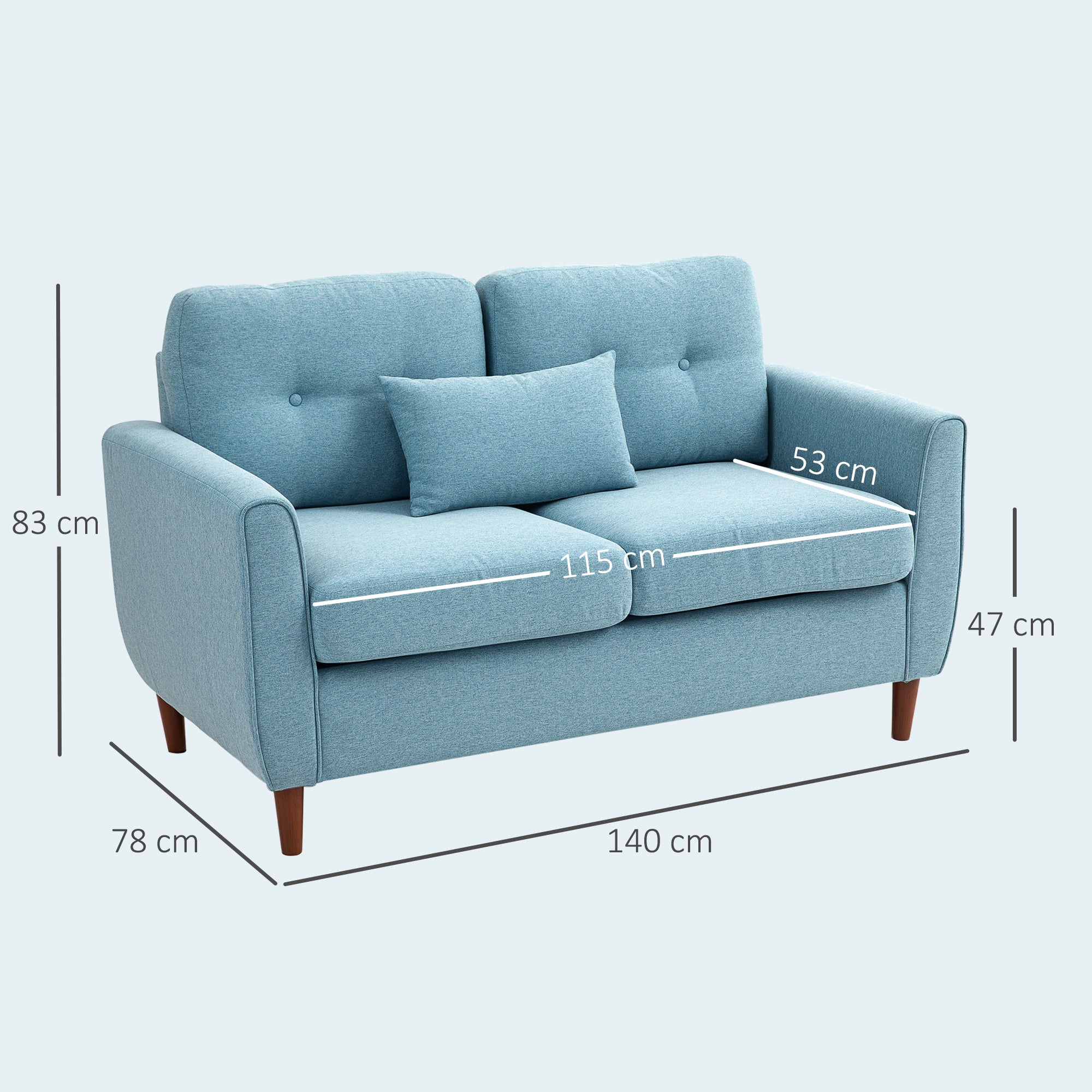 Kozy 2 Seater Sofa with Spring Cushion, Fabric Sofa with Wooden Legs, Modern Love Seat for Living Room, 140cm Width Tufted Couch for Bedroom, Light Blue
