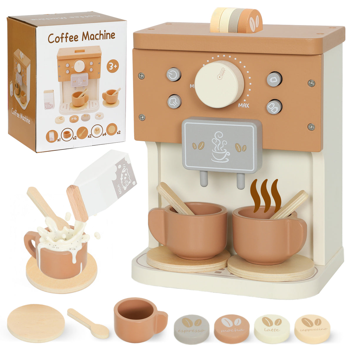 Kozy Kids Wooden Coffee Machine Toy, Pretend Play Kitchen Accessories Gift for Boys and Girls Ages 3+
