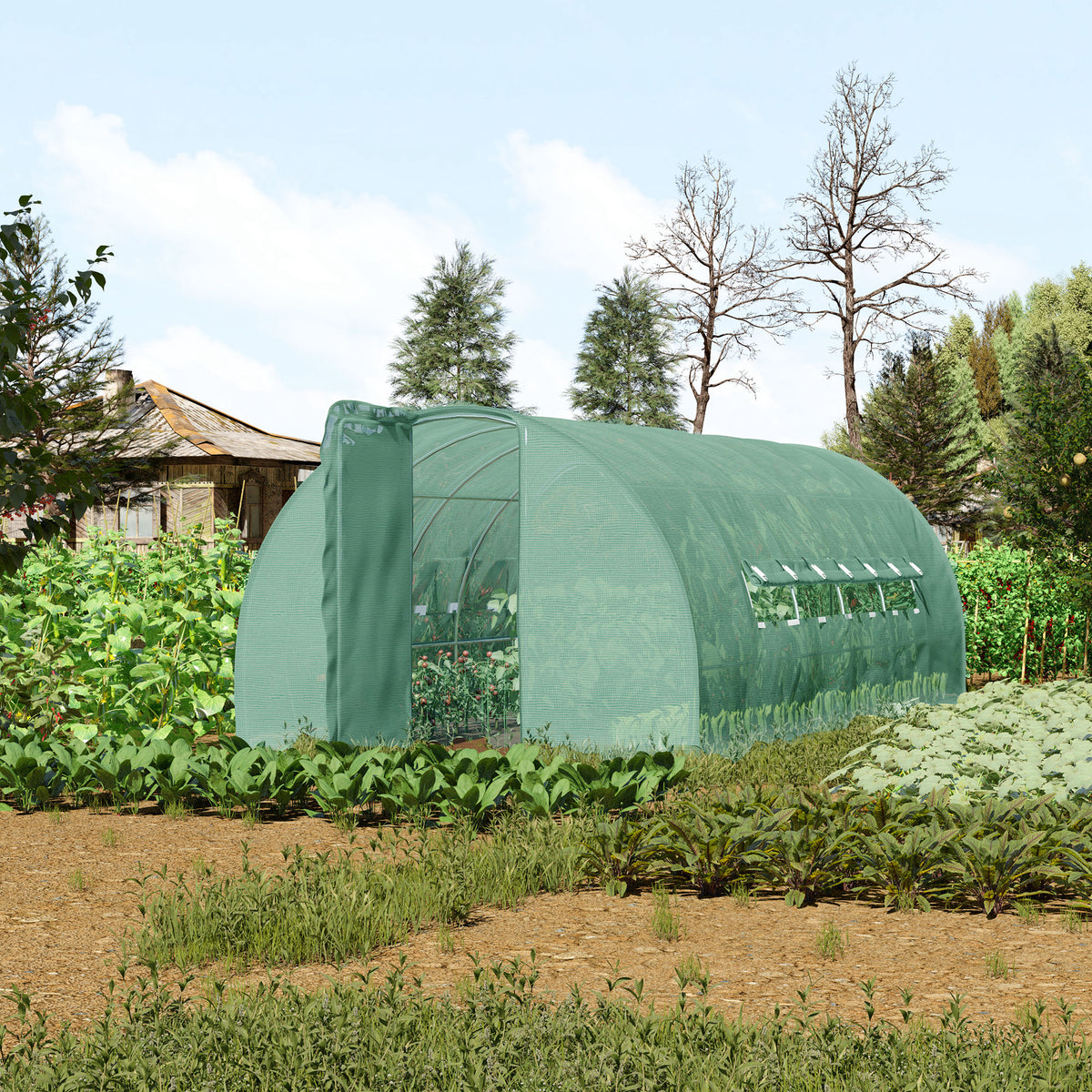 Outsunny Reinforced Polytunnel Greenhouse with Metal Hinged Door, 25mm Diameter Galvanised Steel Frame & Mesh Windows (3 x 6M)