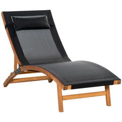 Kozy Ergonomic Patio Lounge Chair Wooden Outdoor Chaise w/ 3 Adjustable Back and Removable Headrest Pillow for Garden Black