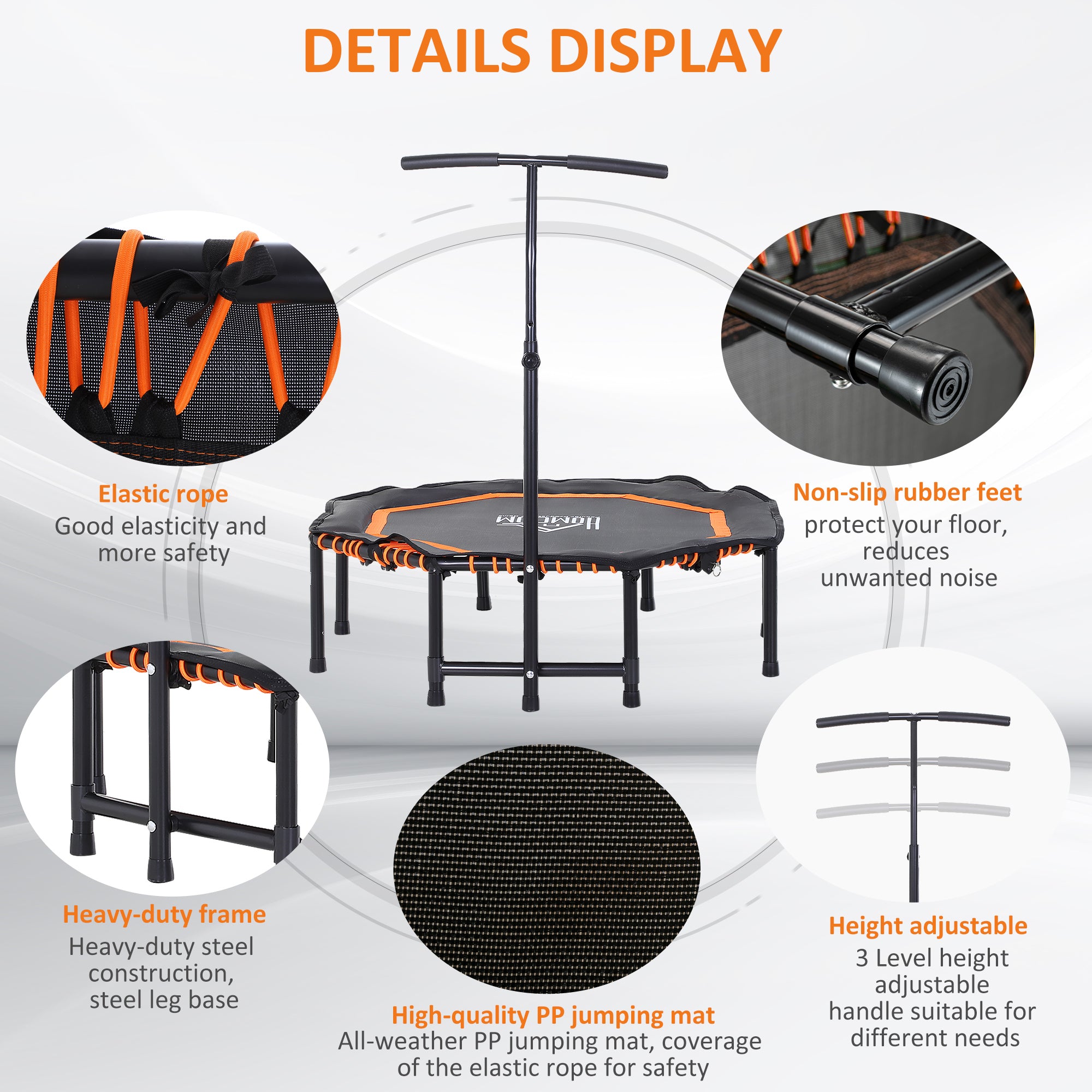 Kozy 48" Octagonal Mini Fitness Trampoline Rebounder Indoor Outdoor Foldable Mini Jumper with Adjustable Handle, Max Load 100 KG - Orange