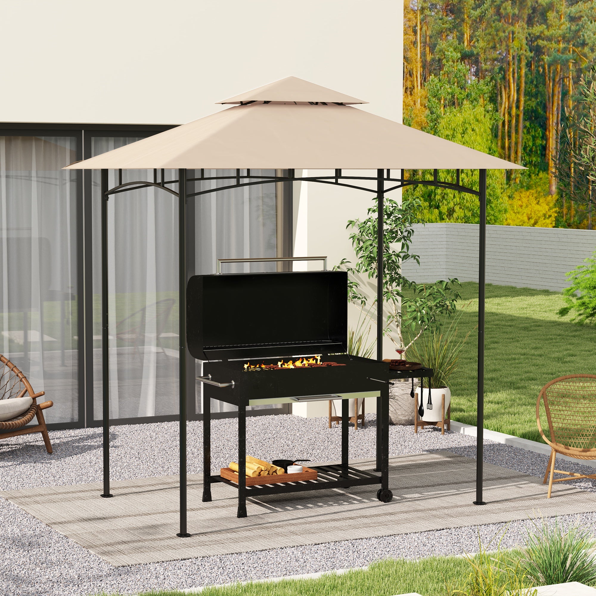 Kozy - Grill Gazebo Replacement Canopy Roof for 1.5 x 2.4m Frame, UPF50+ Protection, Double Tiered 5' x 8' Outdoor BBQ Gazebo Cover Replacement, TOP COVER ONLY, Beige
