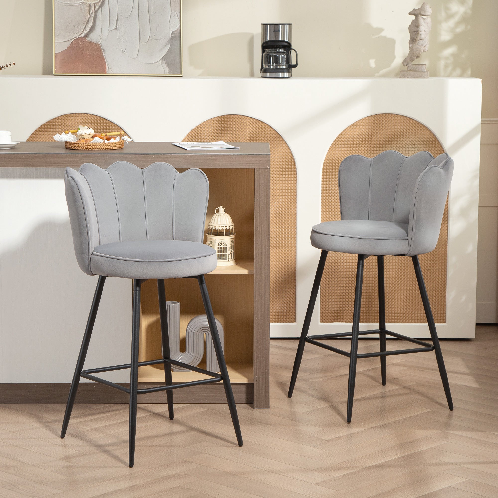 Kozy - Set of Two Velvet-Feel Lotus Bar Stools - Grey