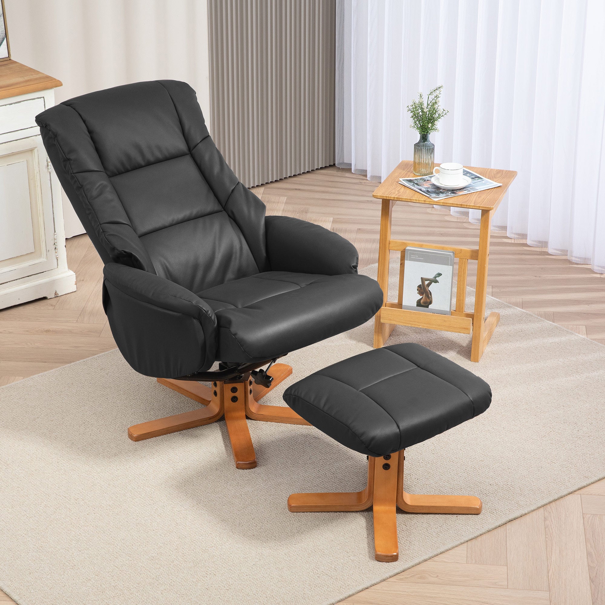 Kozy - Rocking Recliner Chair with Footstool, PU Leather Recliner Armchair with Wood Base, Upholstered Reclining Chair for Living Room Bedroom, Black