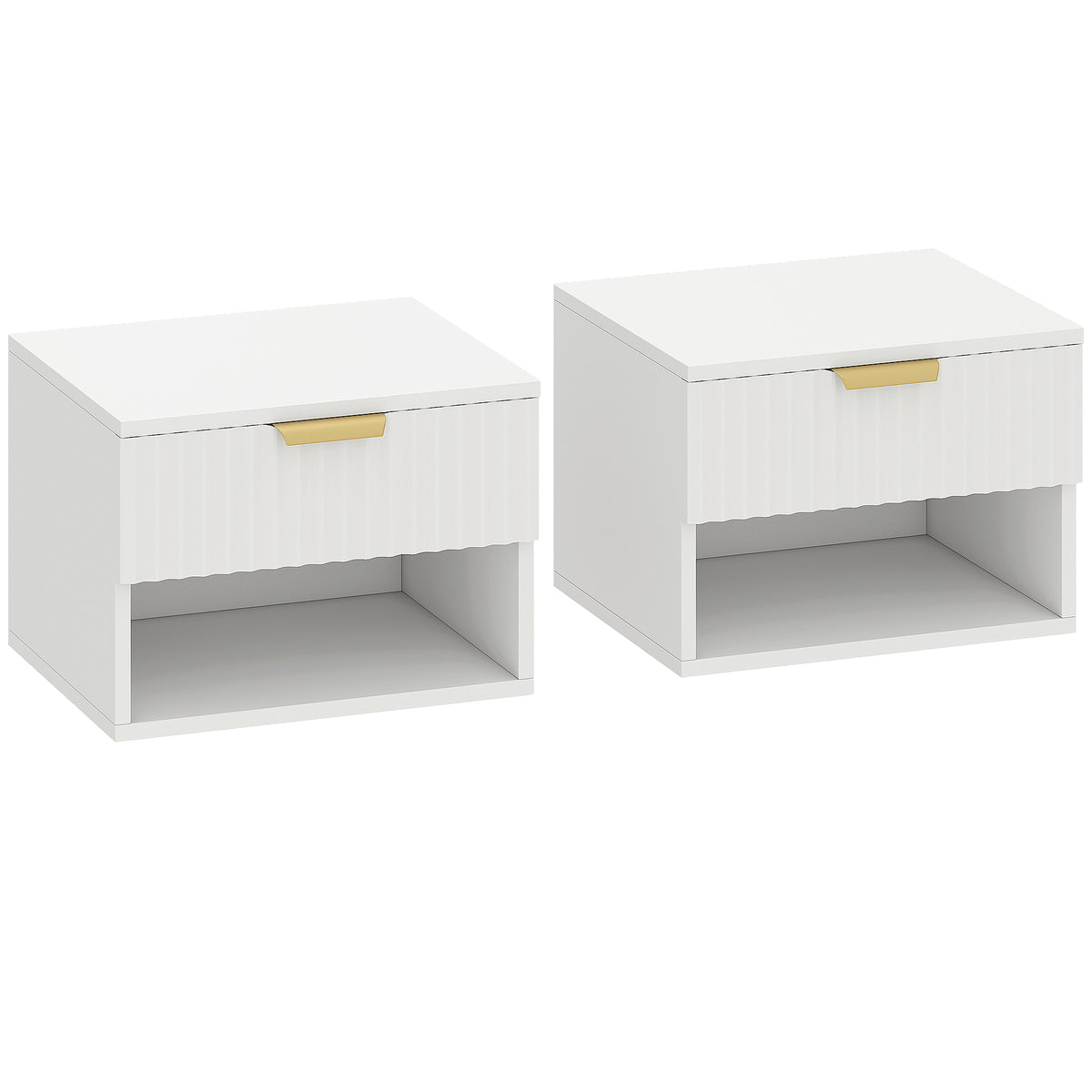 Kozy Floating Nightstands Set of 2, Modern Wall Mounted Bedside Tables with Fluted Drawer and Open Shelf for Bedroom, White