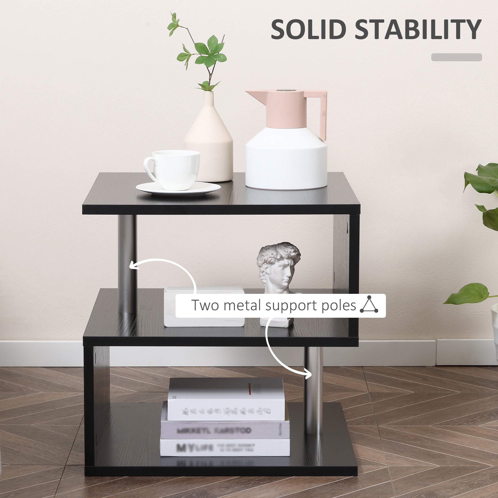HOMCOM S-Shape Coffee Table, 2-Tier Storage Shelves, Versatile Organizer for Home Office, Black | Aosom UK