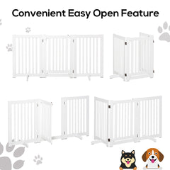 PawHutPet Gates MDF Freestanding Expandable Dog Gate Wood Doorway Pet Barrier Fence w/ Latched Door White