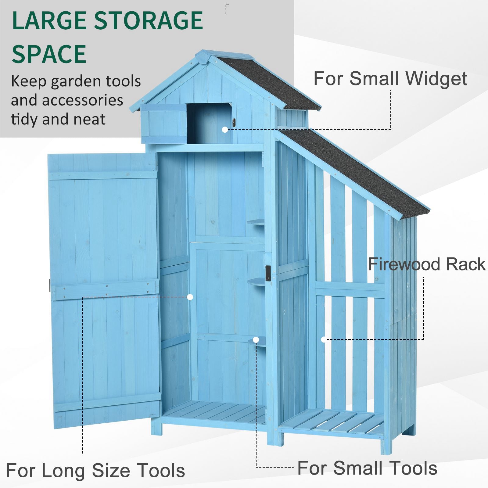 Kozy Wooden Shed, Garden Storage Cabinet with Log Store, Waterproof Asphalt Roof and Lockable Door, Narrow Tool Organizer, 130 x 55 x 180 cm