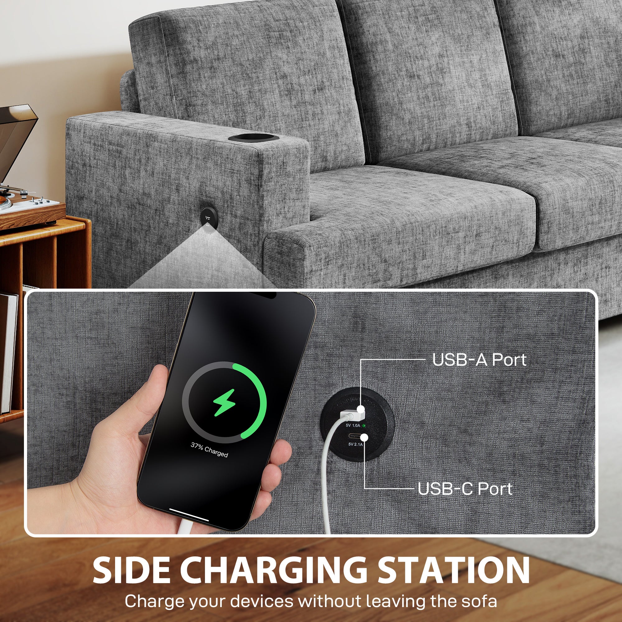 Kozy - 3 Seater Sofa with USB Ports & Cup Holders - Grey