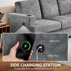 Kozy - 3 Seater Sofa with USB Ports & Cup Holders - Grey