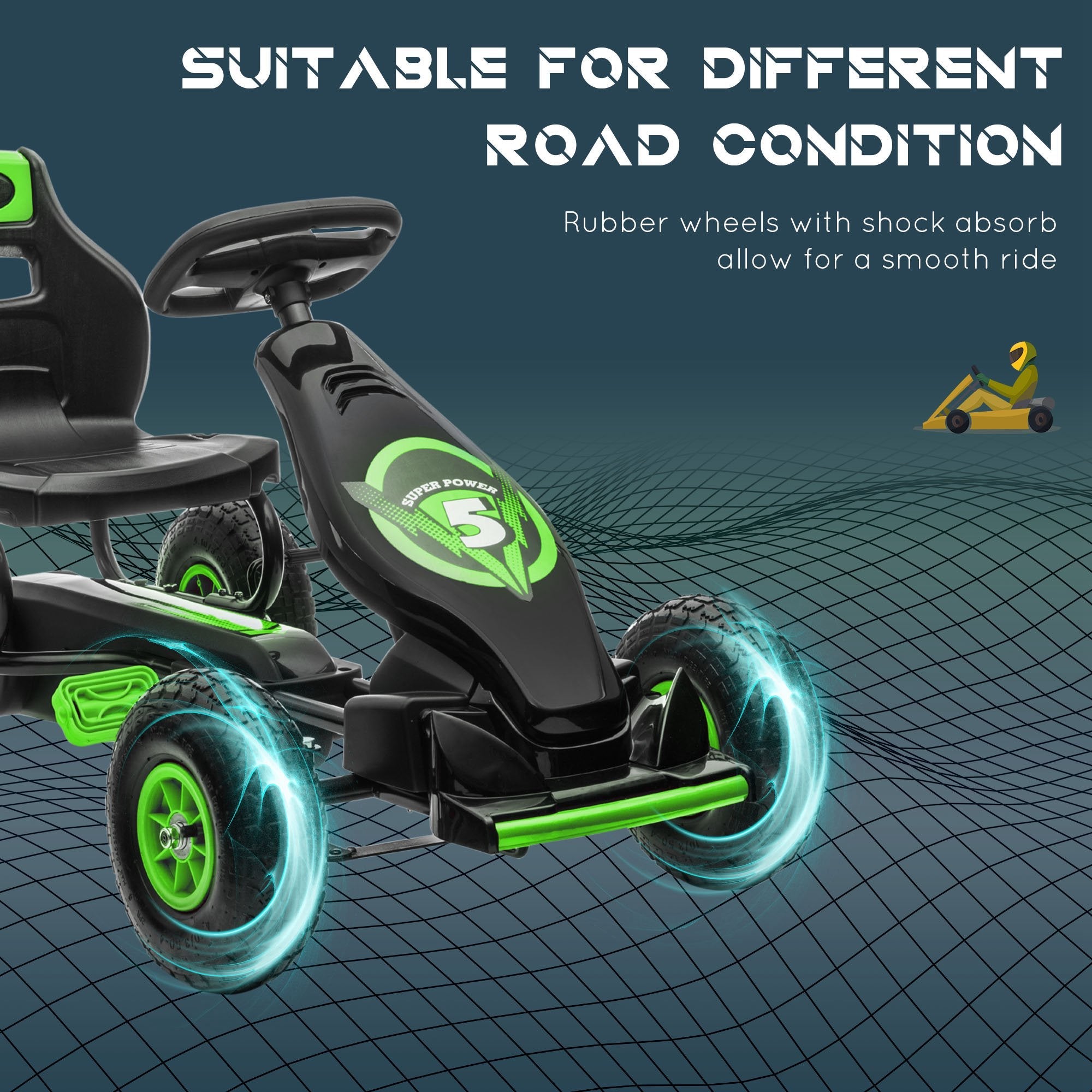 HOMCOM Children Pedal Go Kart, Racing Go Cart w/ Adjustable Seat, Inflatable Tyres, Shock Absorb, Handbrake, for Kids Ages 5-12, Green | Aosom UK