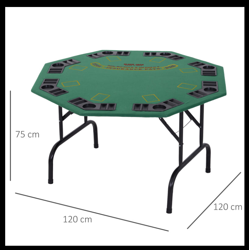 HOMCOM 8 Player Folding Games Poker Table w/ Chip Cup Holder Steel Base Felt Top Octagon Blackjack Adult Family Friends Green