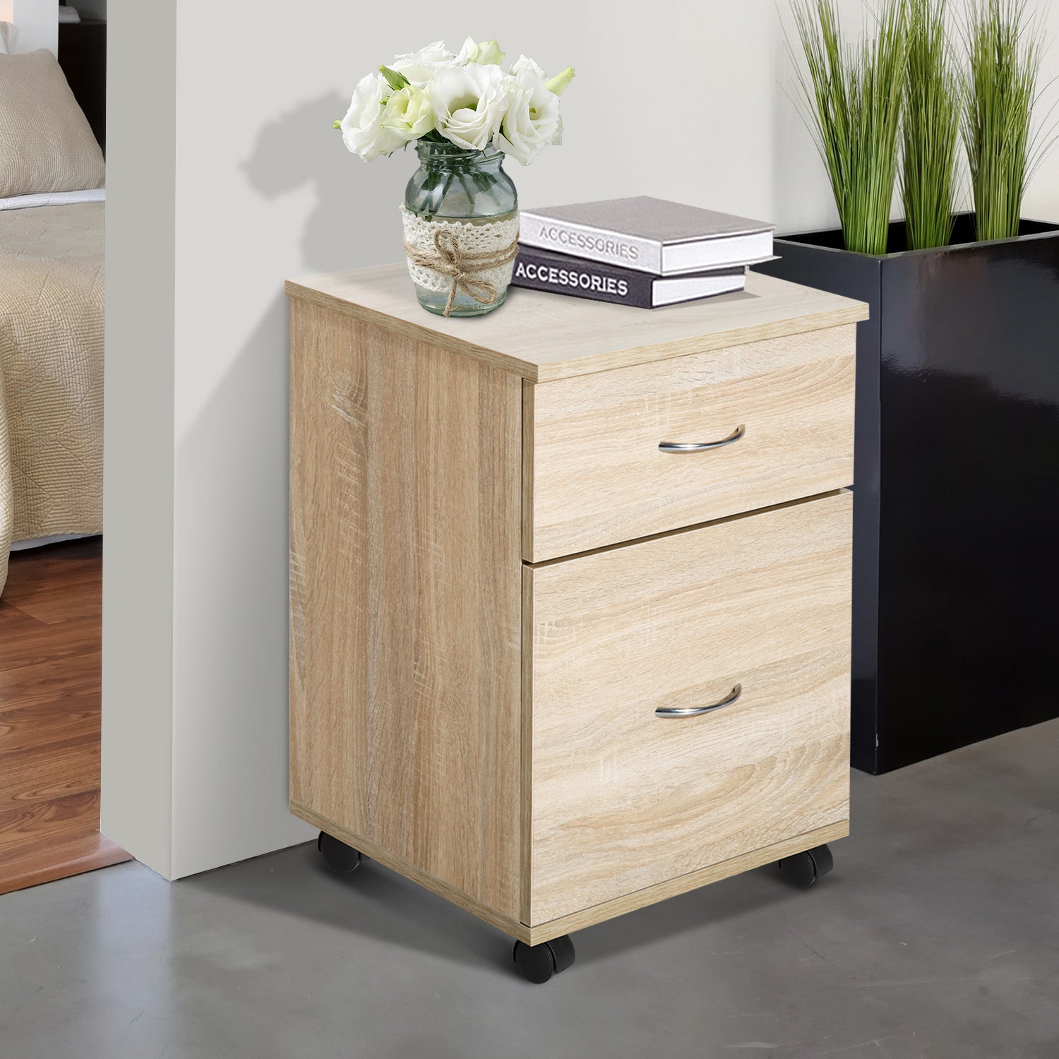 HOMCOM File Cabinet Cupboard Storage with Two Drawers, Table Storage Box with Wheels, Cabinet Bedside Table Storage Box, Oak