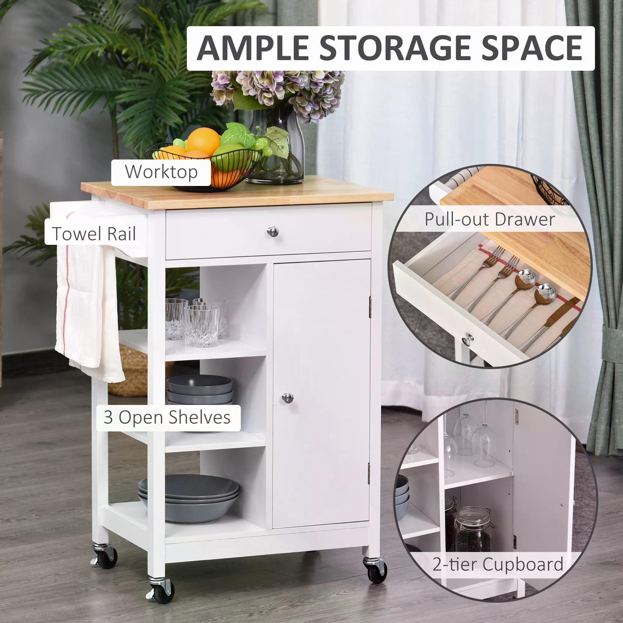 HOMCOM Kitchen Storage Trolley Unit w/ Wood Top 3 Shelves Cupboard Drawer Rail 4 Wheels Handles Moving Shelf Handy Spacesaver White