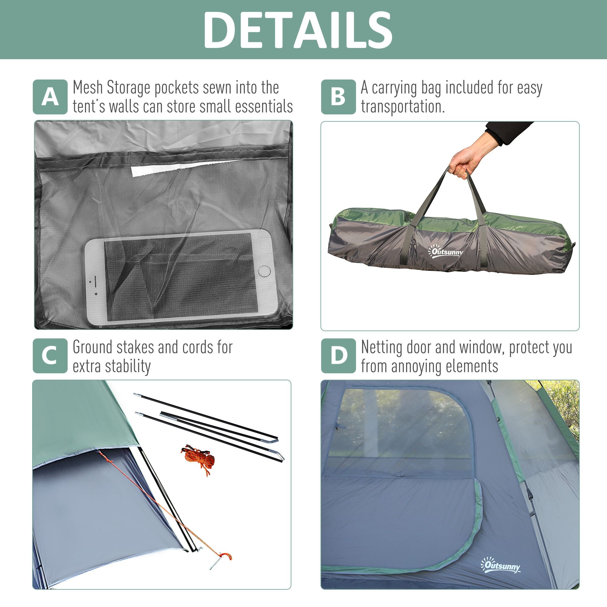 Kozy Fibreglass Frame 3/4 Person Lightweight Camping Tent Green