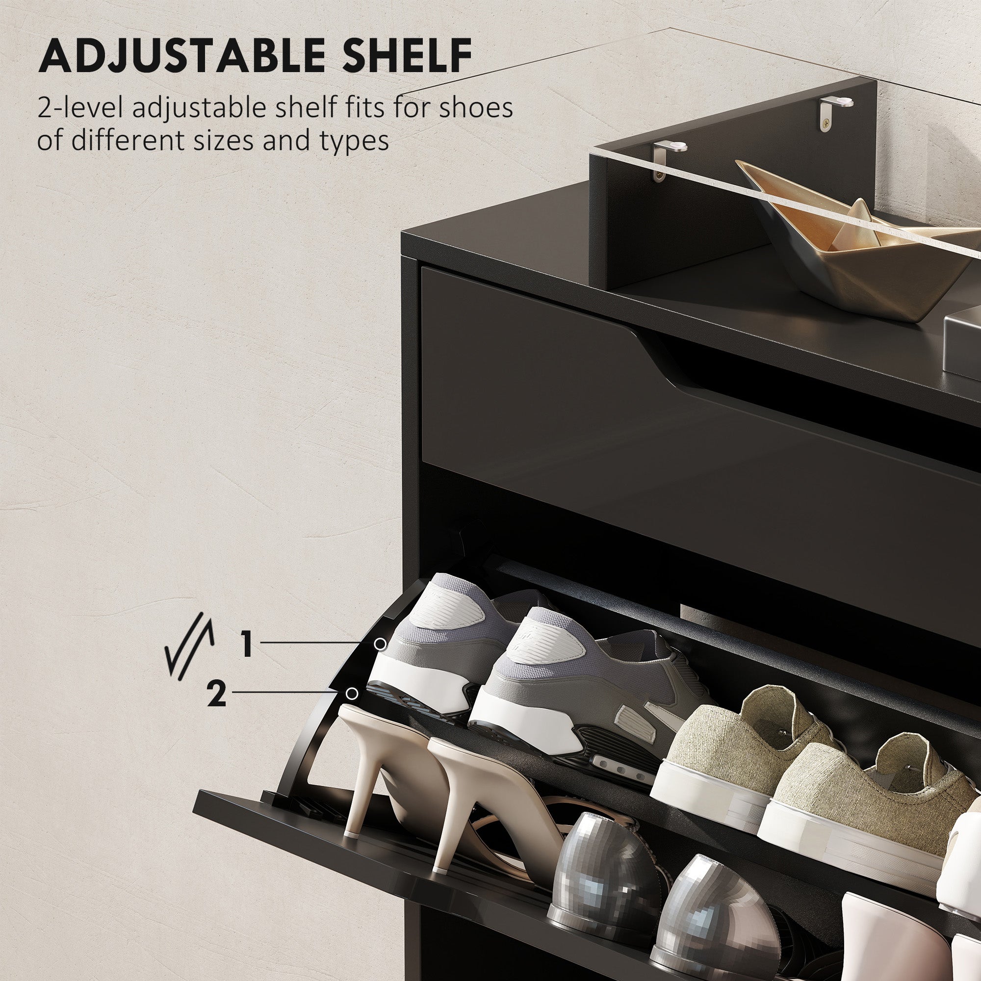 Kozy - Shoe Storage Cabinet with Slide Out Drawer, 2 Flip Doors, Tempered Glass Top - Black