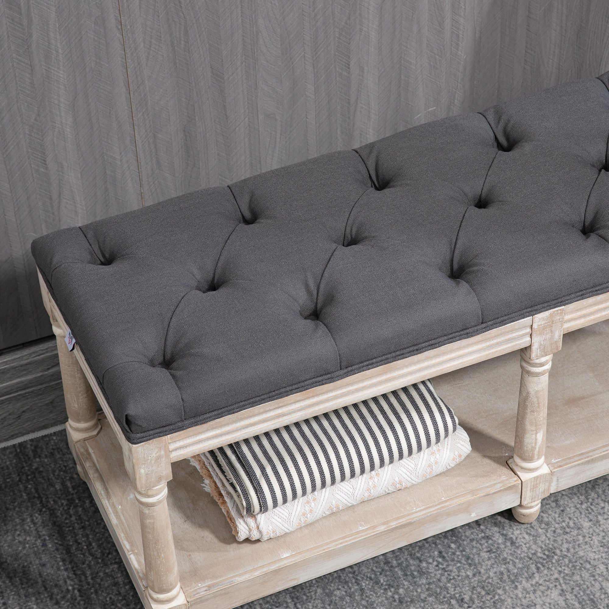 HOMCOM Hallway Haven: Vintage Shoe Bench with Tufted Cushion, 2-Tier Wooden Storage, Grey | Aosom UK