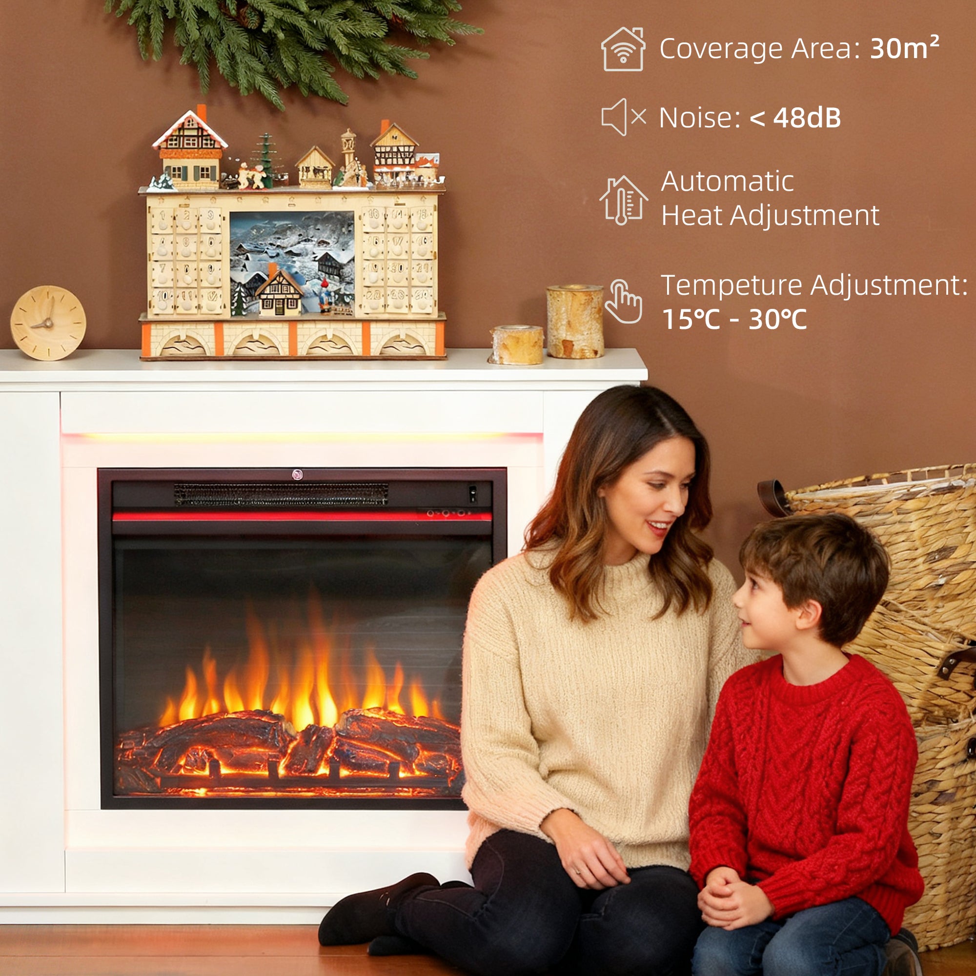 Kozy Electric Fireplace with Surround, 32" 2000W Inset Electric Fire and Mantel Reach up to 30 m² with 12 Colours Realistic Flame Effect & 5 Brightness, Remote & Timer for Living Room, White