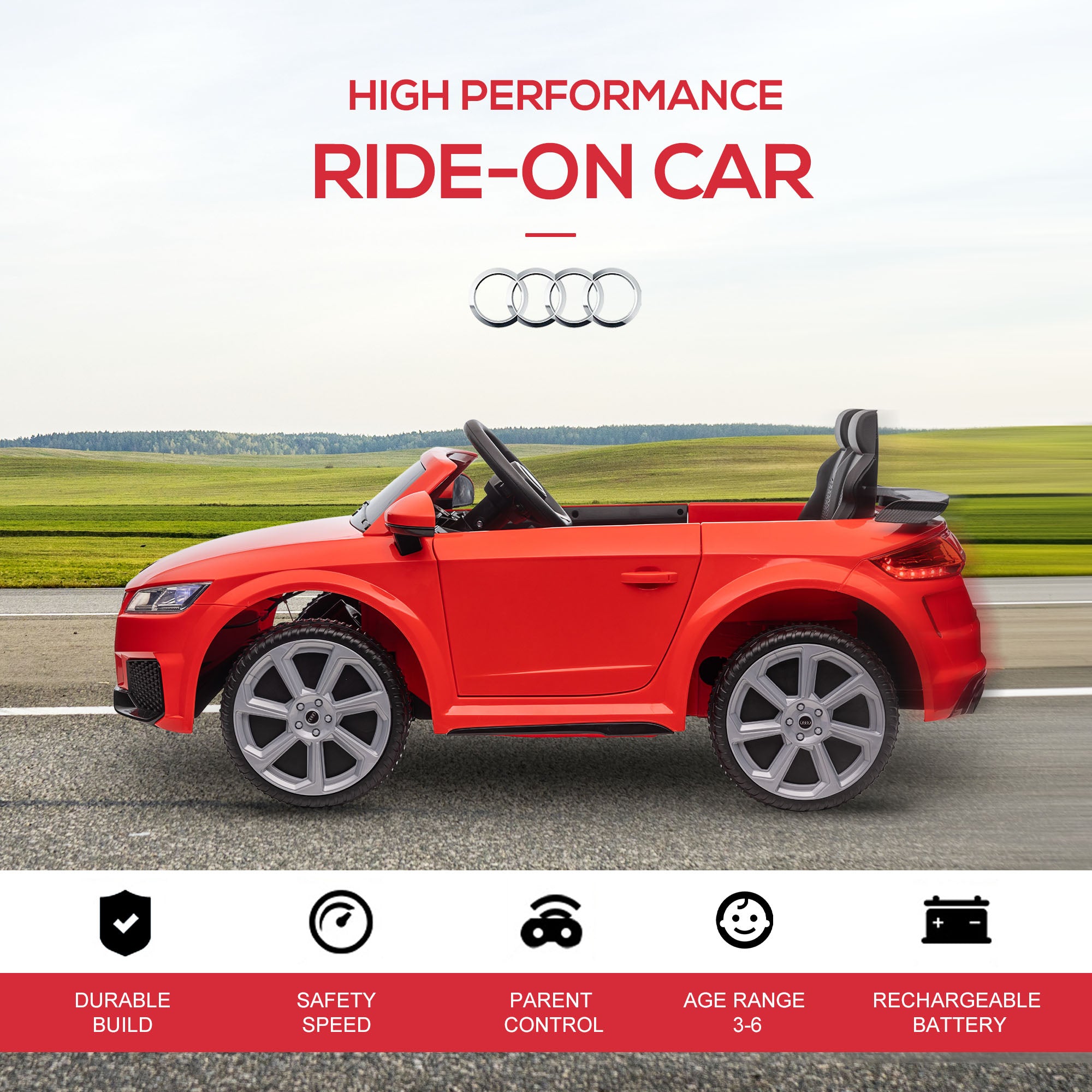 Kozy Kids Licensed Audi TT Ride-On Car 12V Battery w/ Remote Suspension Headlights and MP3 Player 3km/h Red