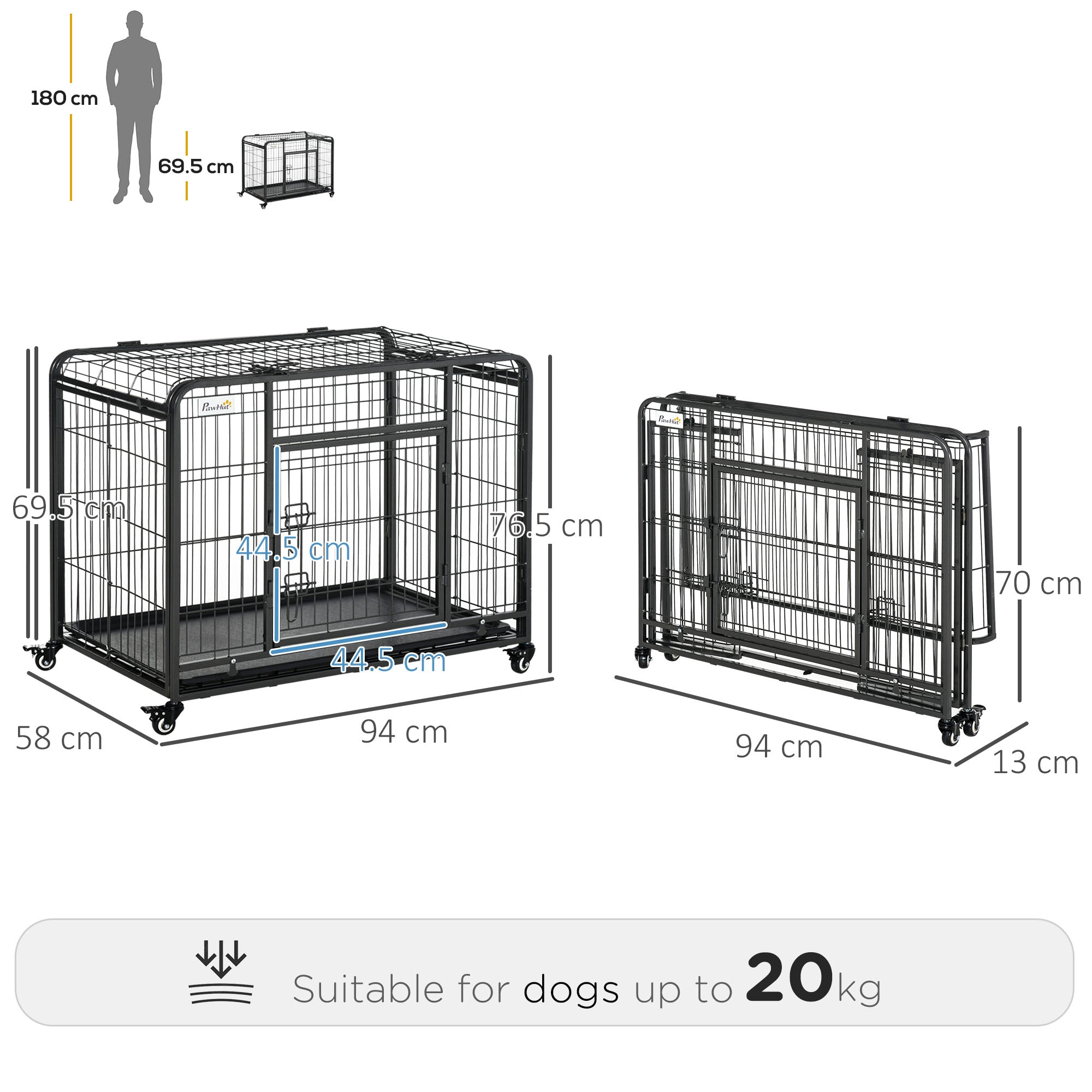 Kozy Metal Dog Cage Kennel Locking Door & Wheels Removable Tray Openable Top For Medium Pets 94 x 58 x 69.5 cm