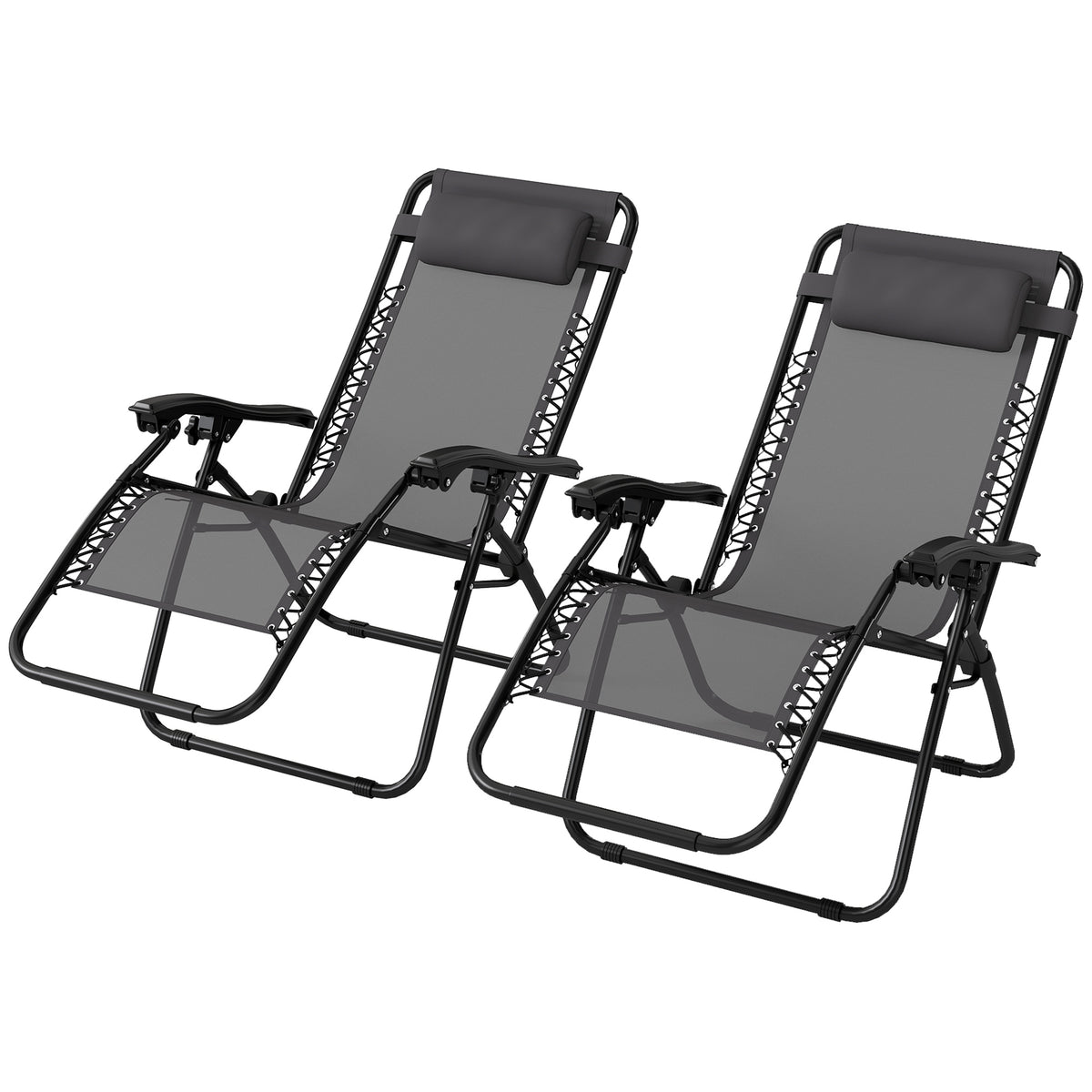 Kozy - Zero Gravity Chair Set of 2, Metal Frame Texteline Armchair Outdoor Folding and Reclining Sun Lounger with Head Pillow for Patio Decking Gardens Camping, Grey