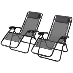 Kozy - Zero Gravity Chair Set of 2, Metal Frame Texteline Armchair Outdoor Folding and Reclining Sun Lounger with Head Pillow for Patio Decking Gardens Camping, Grey