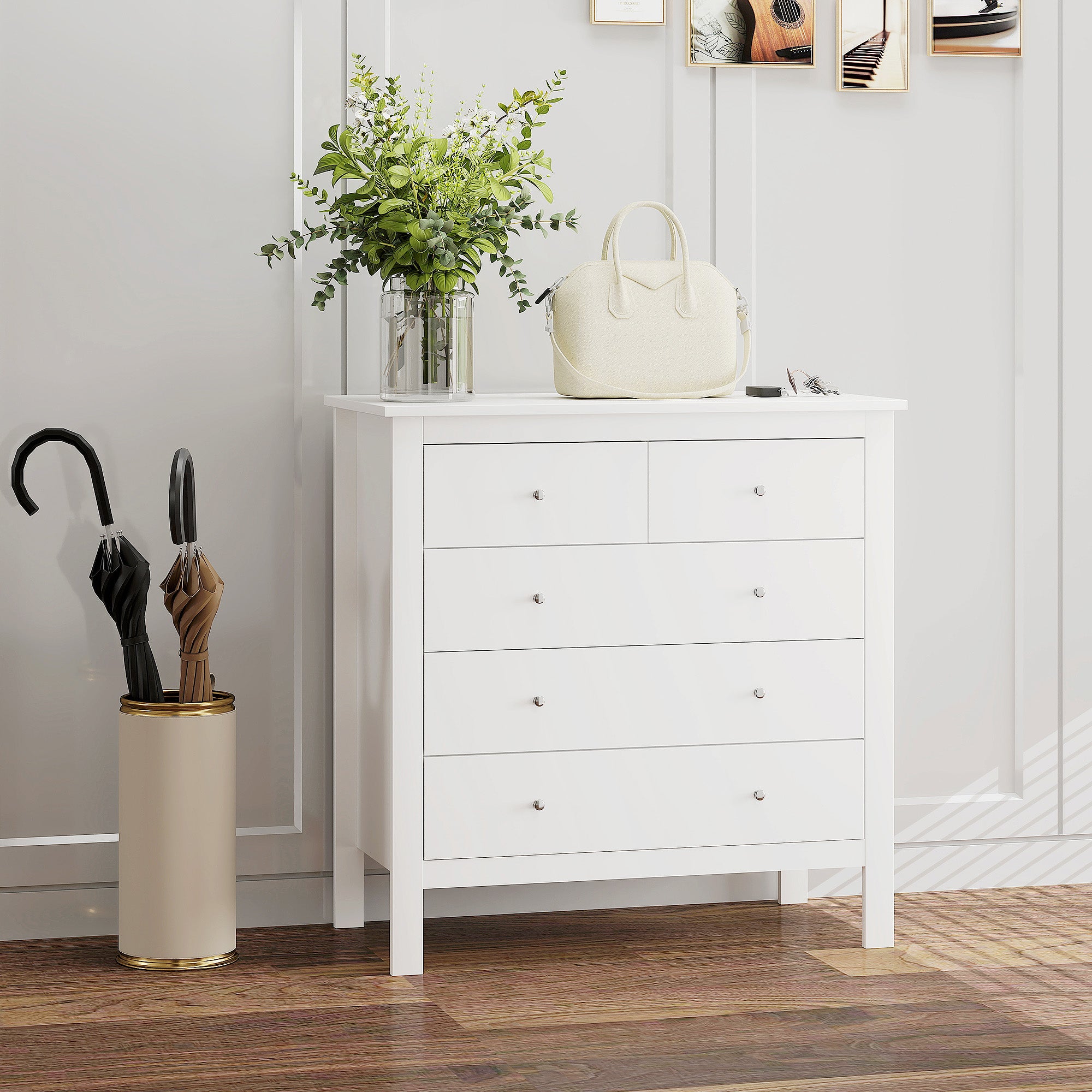 Kozy Modern Chest of Drawers, 5 Drawer Storage Cabinet with Metal Handles and Runners for Bedroom, White