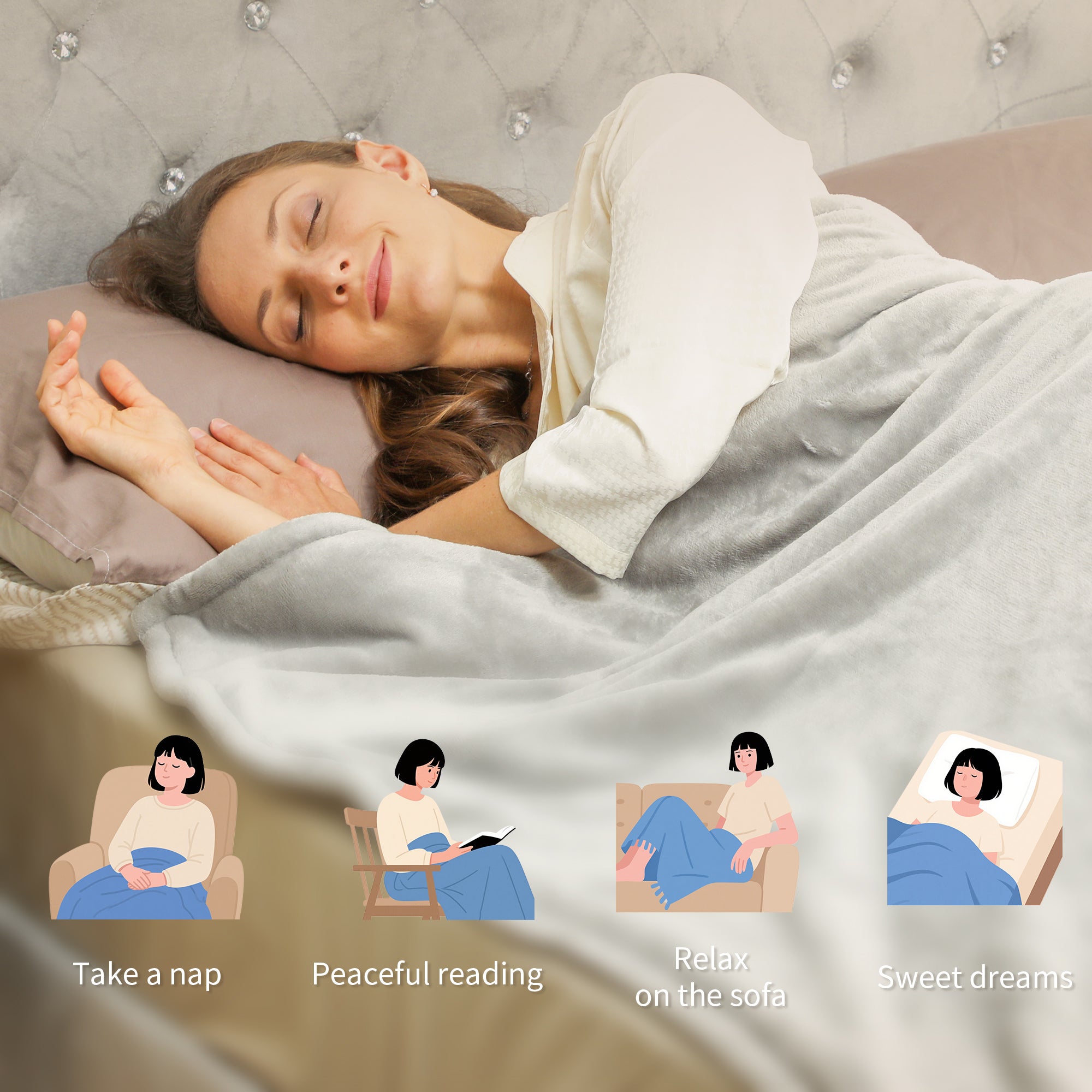 Kozy Heated Blanket 180 x 130cm, Electric Throw Blanket with 10 Heat Levels and 10H Timer, Machine Washable Flannel and Cotton Velvet with Overheat Protection, Grey