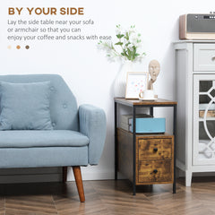 Kozy Side Table, Narrow Bedside Table with 2 Drawers and Storage Shelf, Industrial End Table with Metal Frame for Small Spaces, Rustic Brown