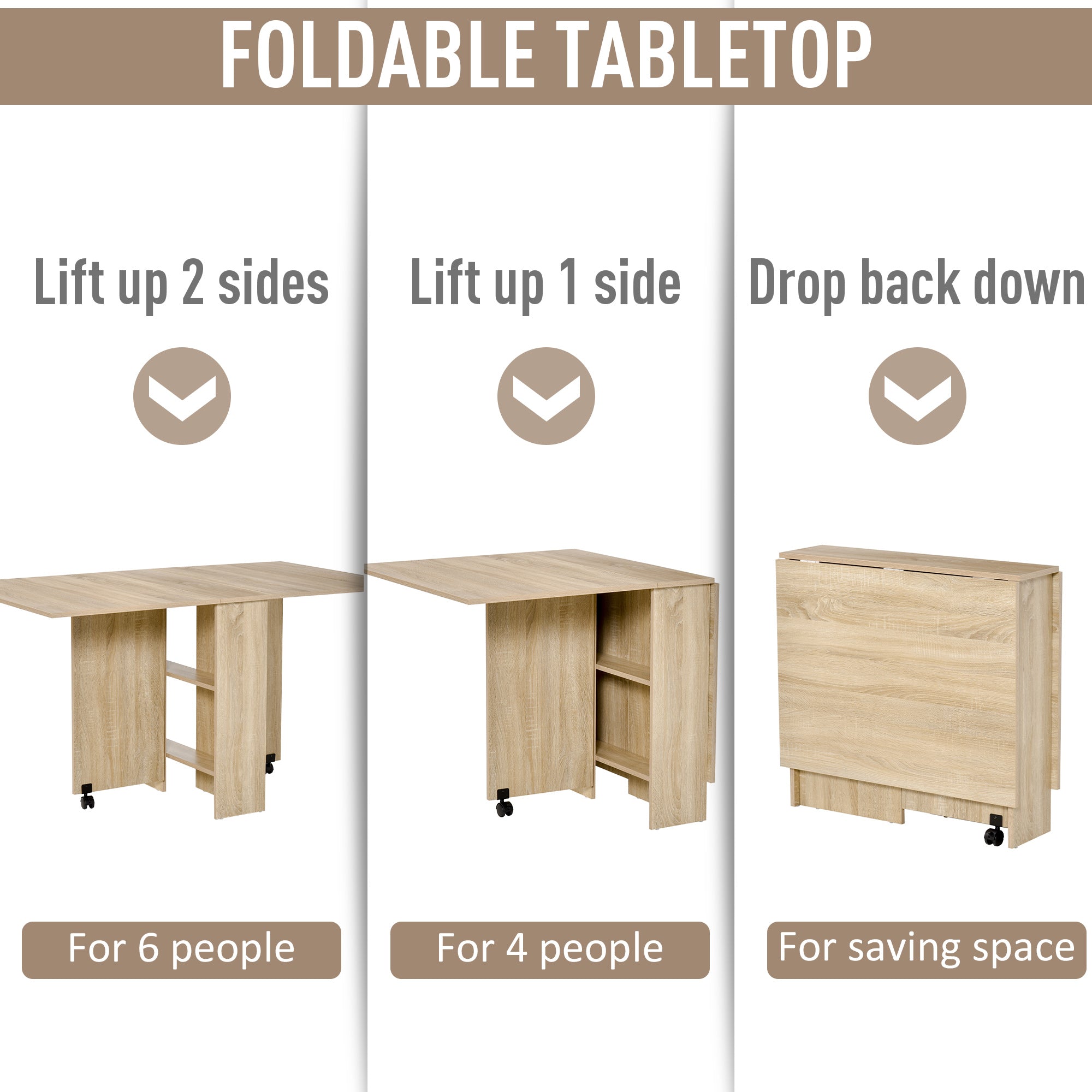 HOMCOM Folding Dining Kitchen Table, Mobile Drop Leaf, Small Spaces Design, 2 Wheels, 2 Storage Shelves, Oak