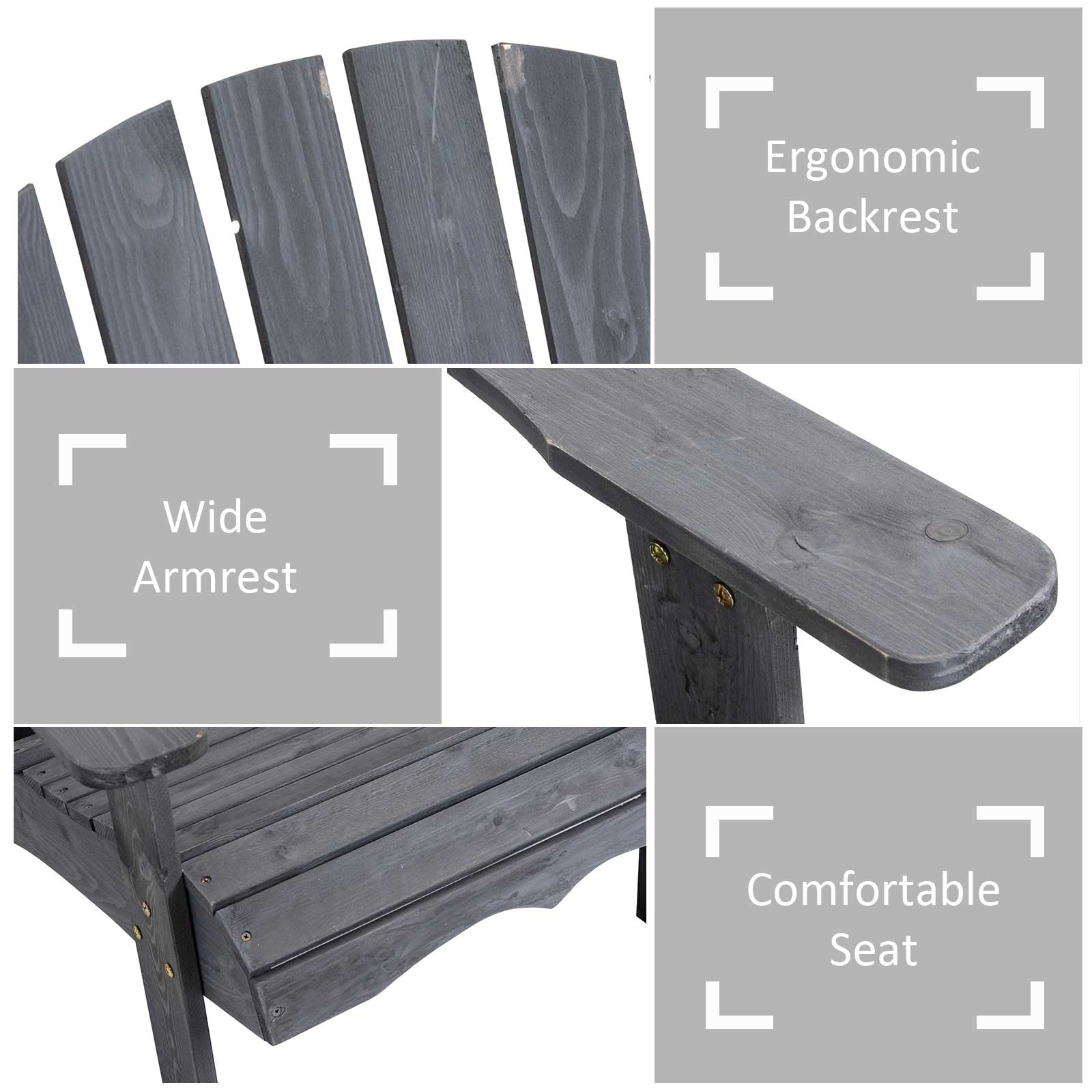 Kozy Wooden Outdoor Double Adirondack Chairs Loveseat w/ Centre Table and Umbrella Hole, Garden Patio Furniture for Lounging and Relaxing, Dark Grey