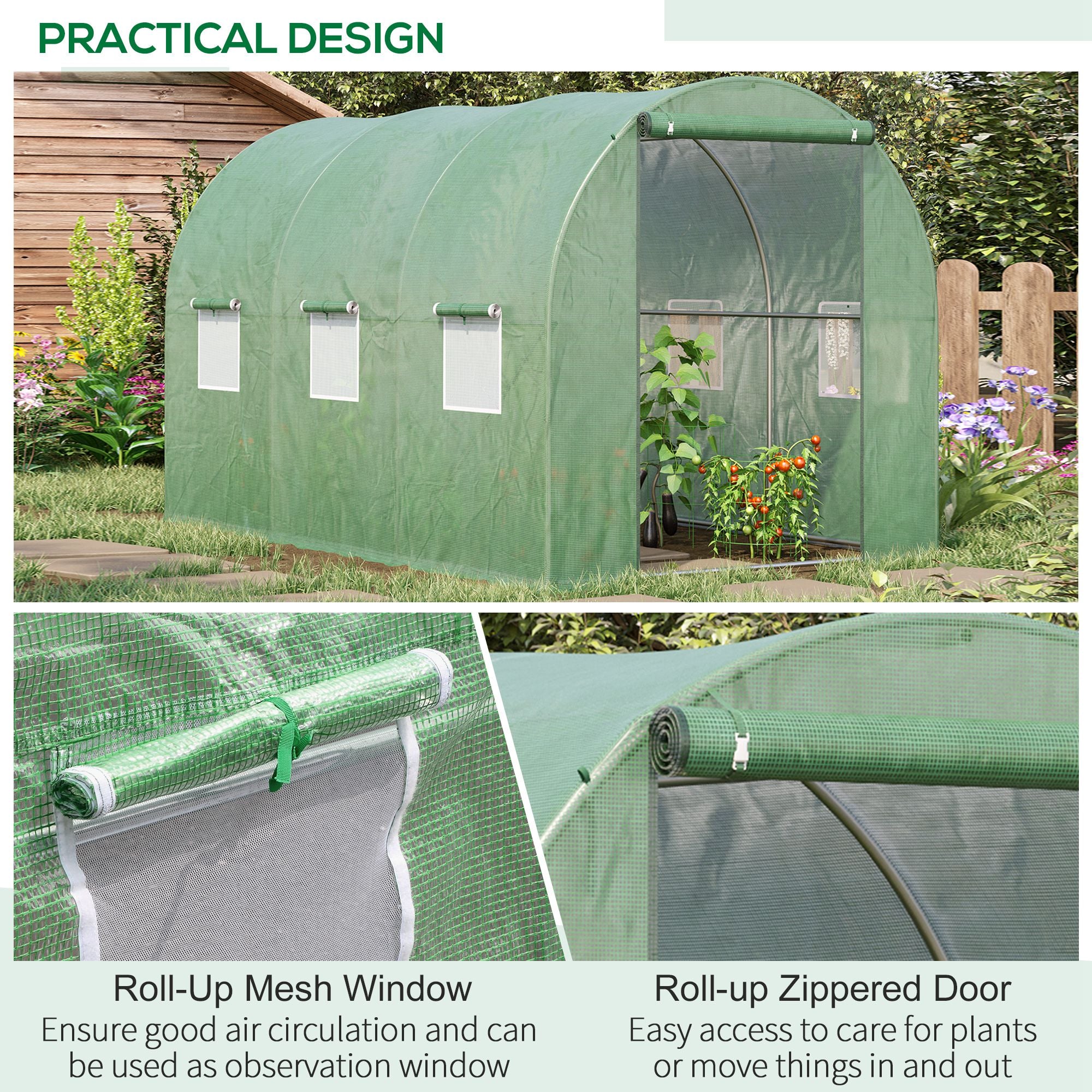 Kozy Walk-in Polytunnel Greenhouse, Outdoor Garden Tunnel Greenhouse Tent with Zipped Roll-Up Door and 6 Mesh Windows, 3 x 2M