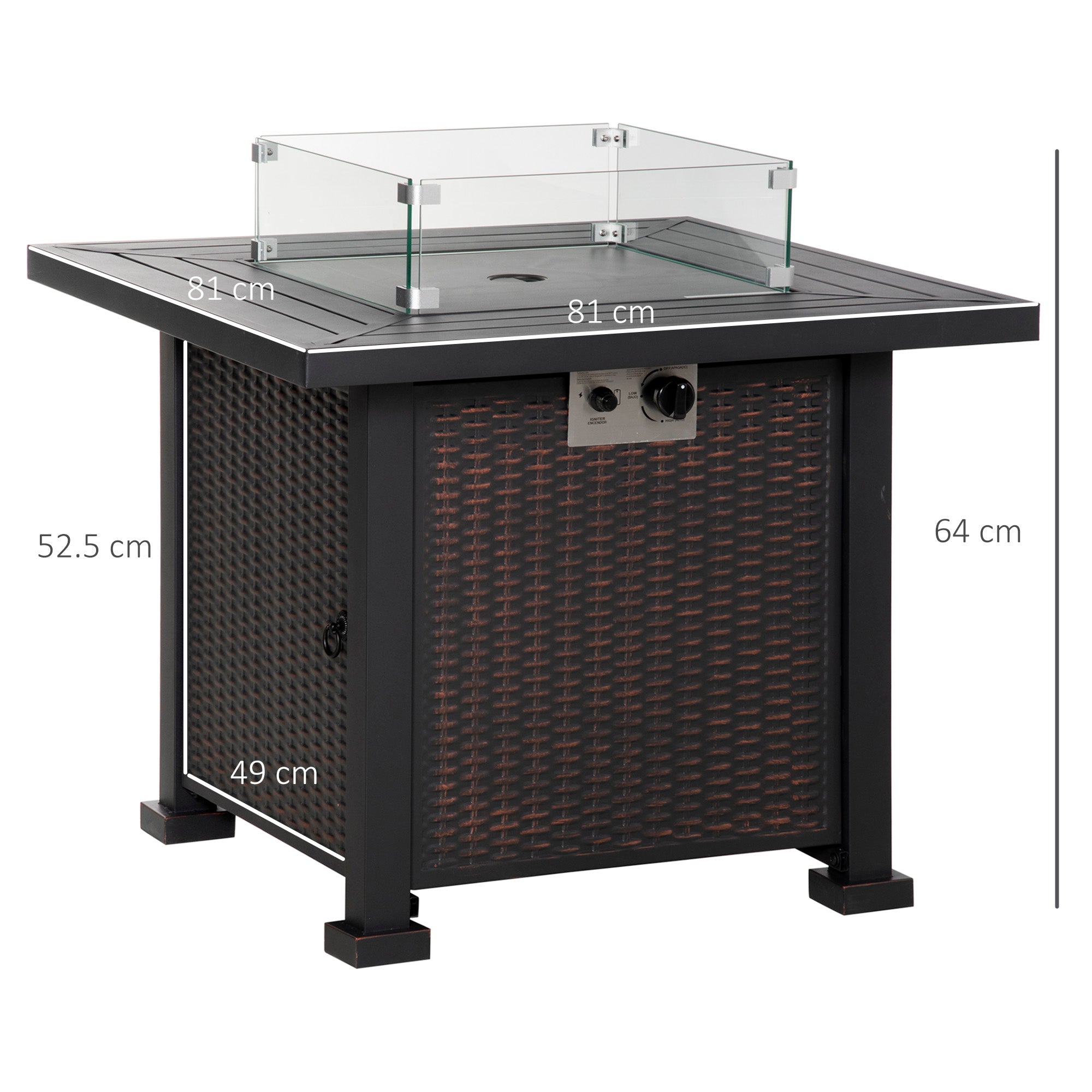 Kozy Square Propane Gas Fire Pit Table, 50000 BTU Rattan Smokeless Firepit Patio Heater with Glass Screen, Glass Beads and Lid, 81cm x 81cm x 64cm, Black