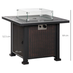 Kozy Square Propane Gas Fire Pit Table, 50000 BTU Rattan Smokeless Firepit Patio Heater with Glass Screen, Glass Beads and Lid, 81cm x 81cm x 64cm, Black